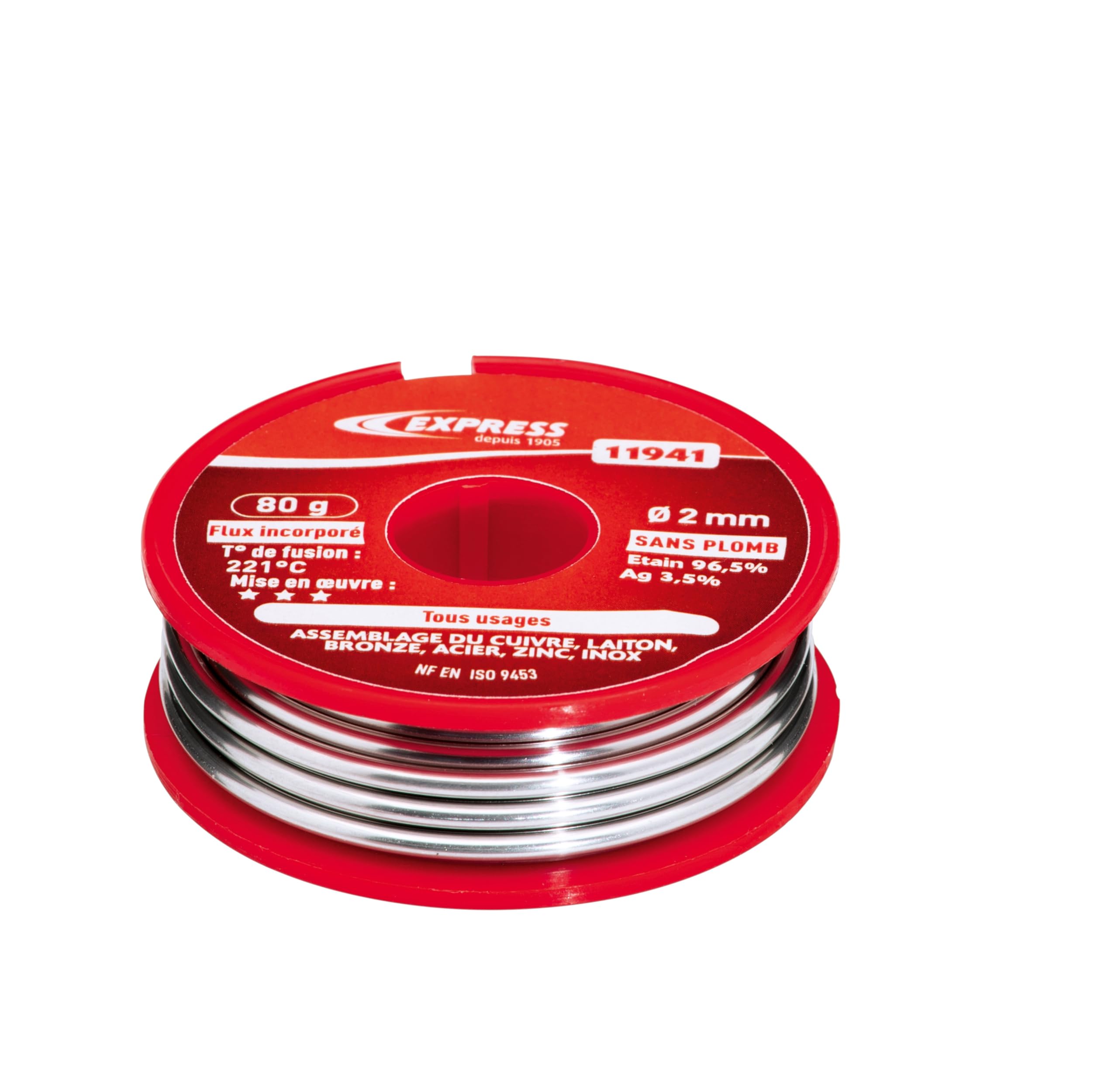 Alambre de Soldadura Multiuso - Hilo de Estaño - Cobre, Latón, Bronce, Acero, Zinc, Acero Inoxidable - 96,5% Estaño y 3,5% Ag (sin Plomo) - 80g - Ø2 mm - Flujo Incorporado - EXPRESS