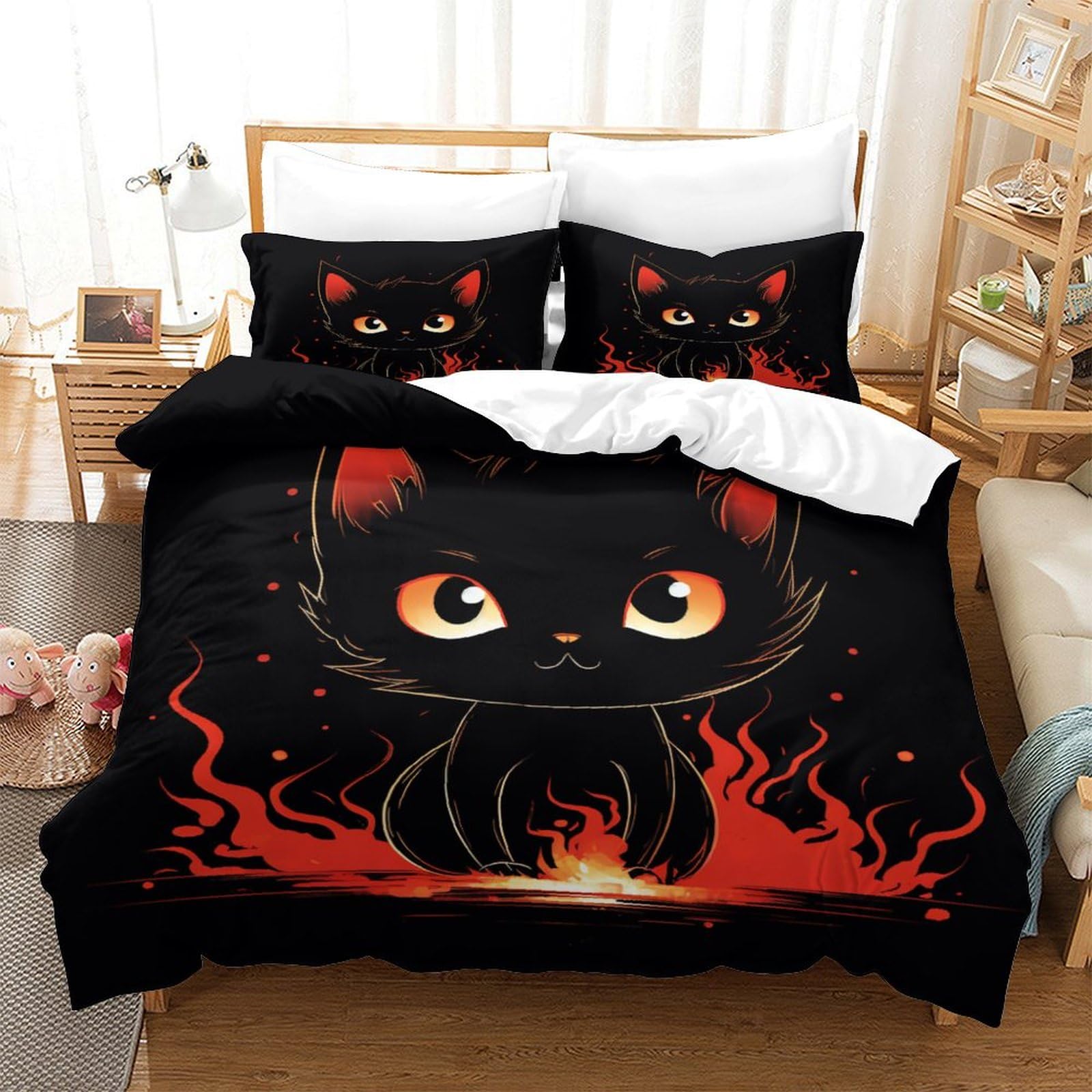 Parure de lit chat noir 140x200 cm, linge de lit 3 pièces en microfibre respirante de qualité