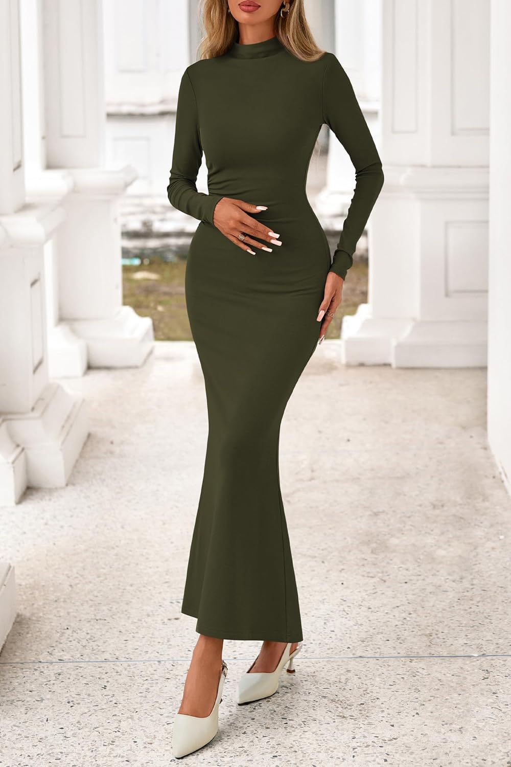 dowerme Spring Dresses for Women 2026 Formal Mock Neck Long Sleeve Ruched Knit Bodycon Mermaid Maxi Wedding Guest Dress - Image 8