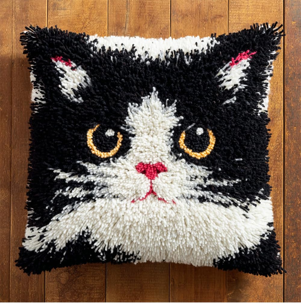 Rqwybcaxn DIY Latch Hook Kits,White and Black Cat 17X17Inch Needlepoint Pillow Kit, Half Cross Stitch Kit, Embroidery Kit, Latch Hook Cushion Cover Hobby & Crafts