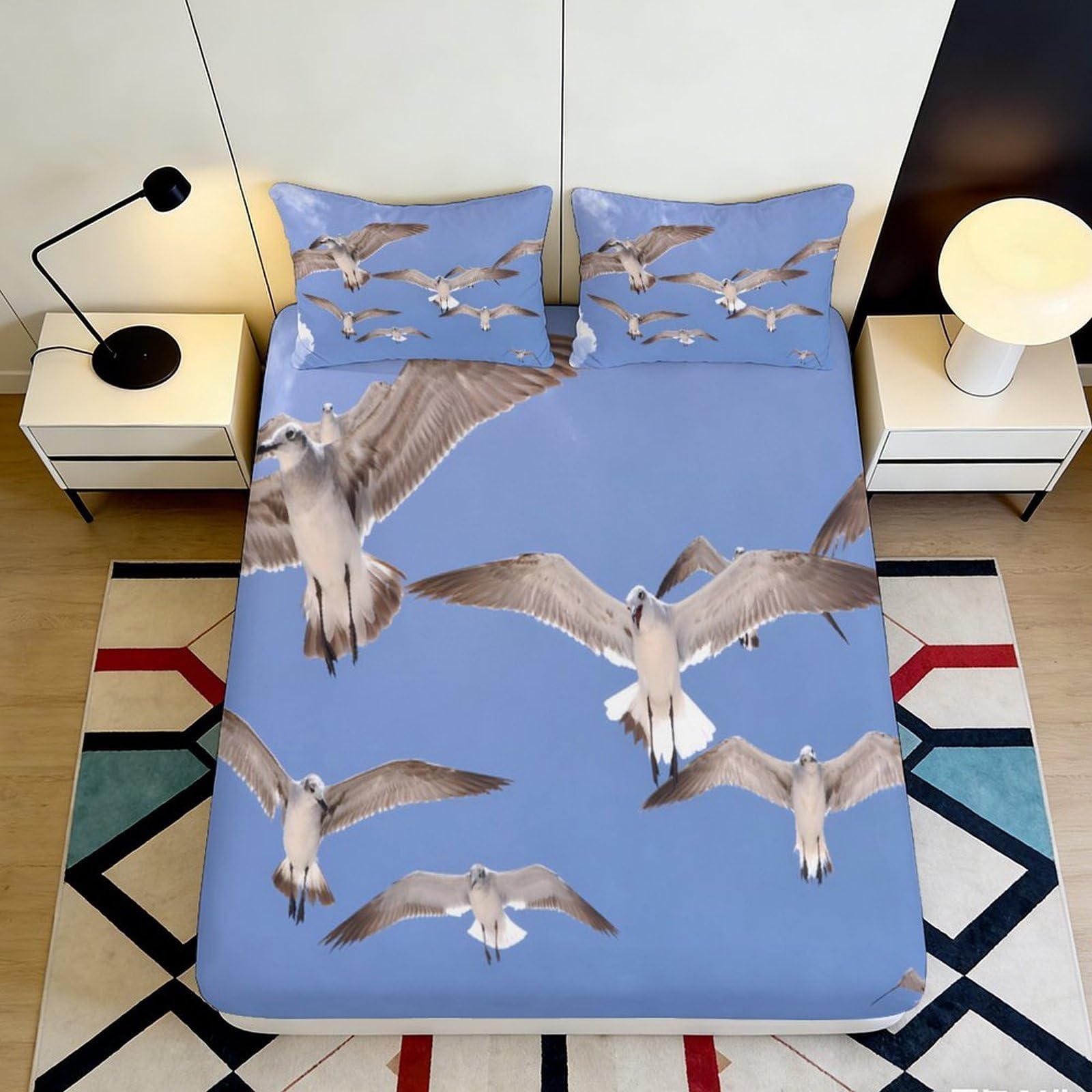 3D Printed Seagull Blue Fitted Sheet Microfiber Soft Breathable Ocean Sky Mattress Cover for Bedroom Guest Room Decor 90x200x25cm