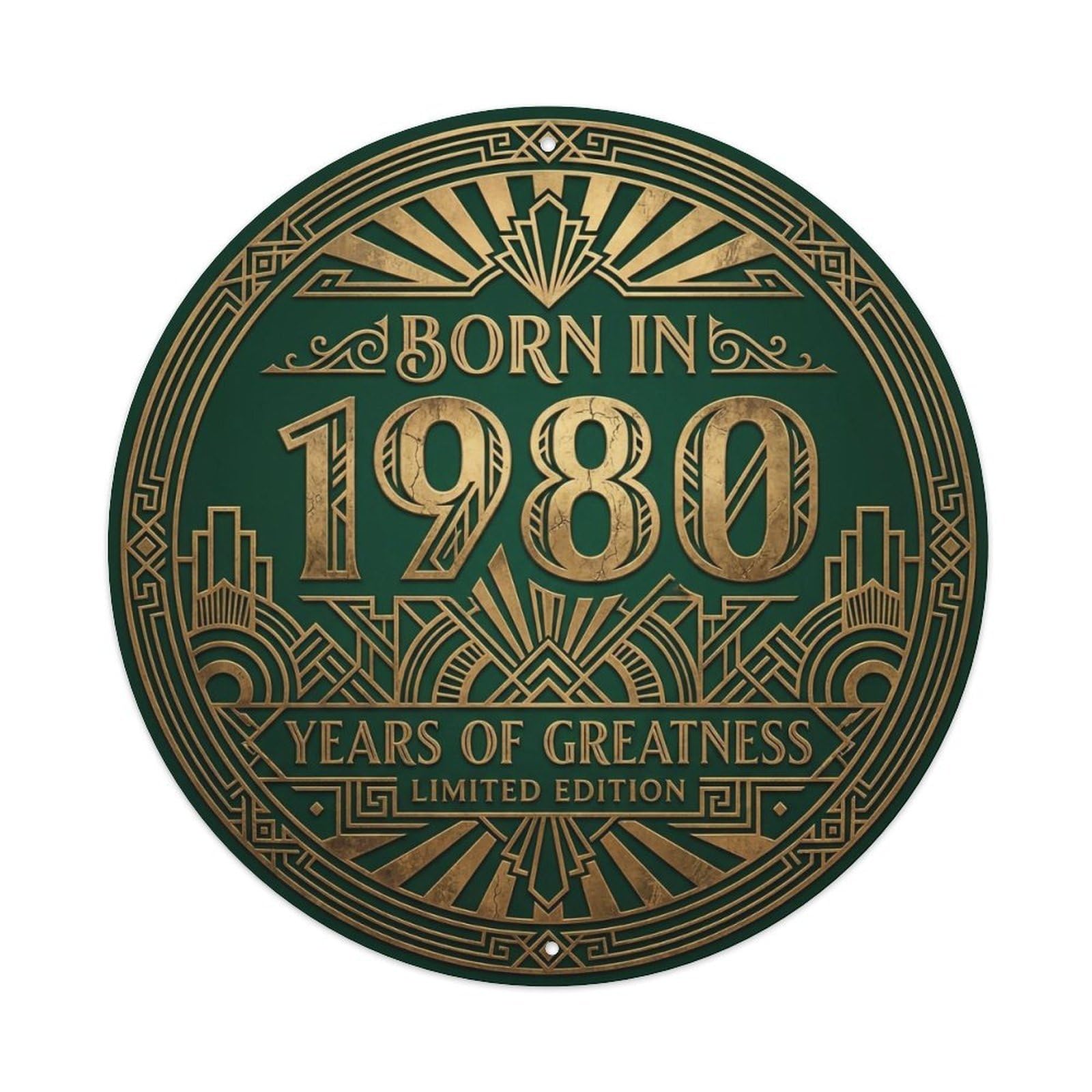 Born In 1980 Years Of Greatness Year-Themed Birthday Gift Metal Tin Sign Plaque Wall Decor for Cafe, Club, Garden Round Metal Poster 8x8Inch
