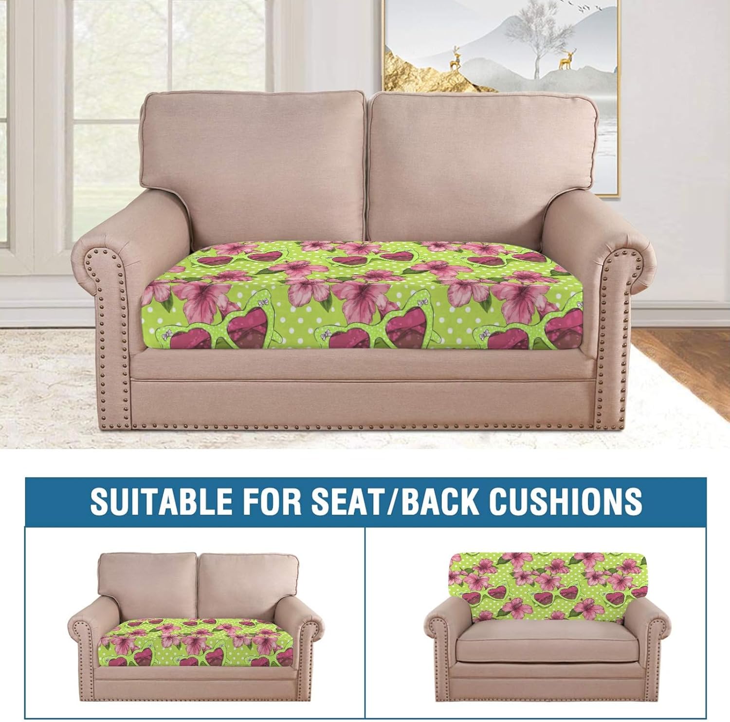 Tropical Sunglass Bloom Loveseat Covers Couch Covers for 2 Cushion Couch, 2-Piece Stretch Sofa Slipcovers Anti-Slip Washable Furniture Protectors for Dogs Pets