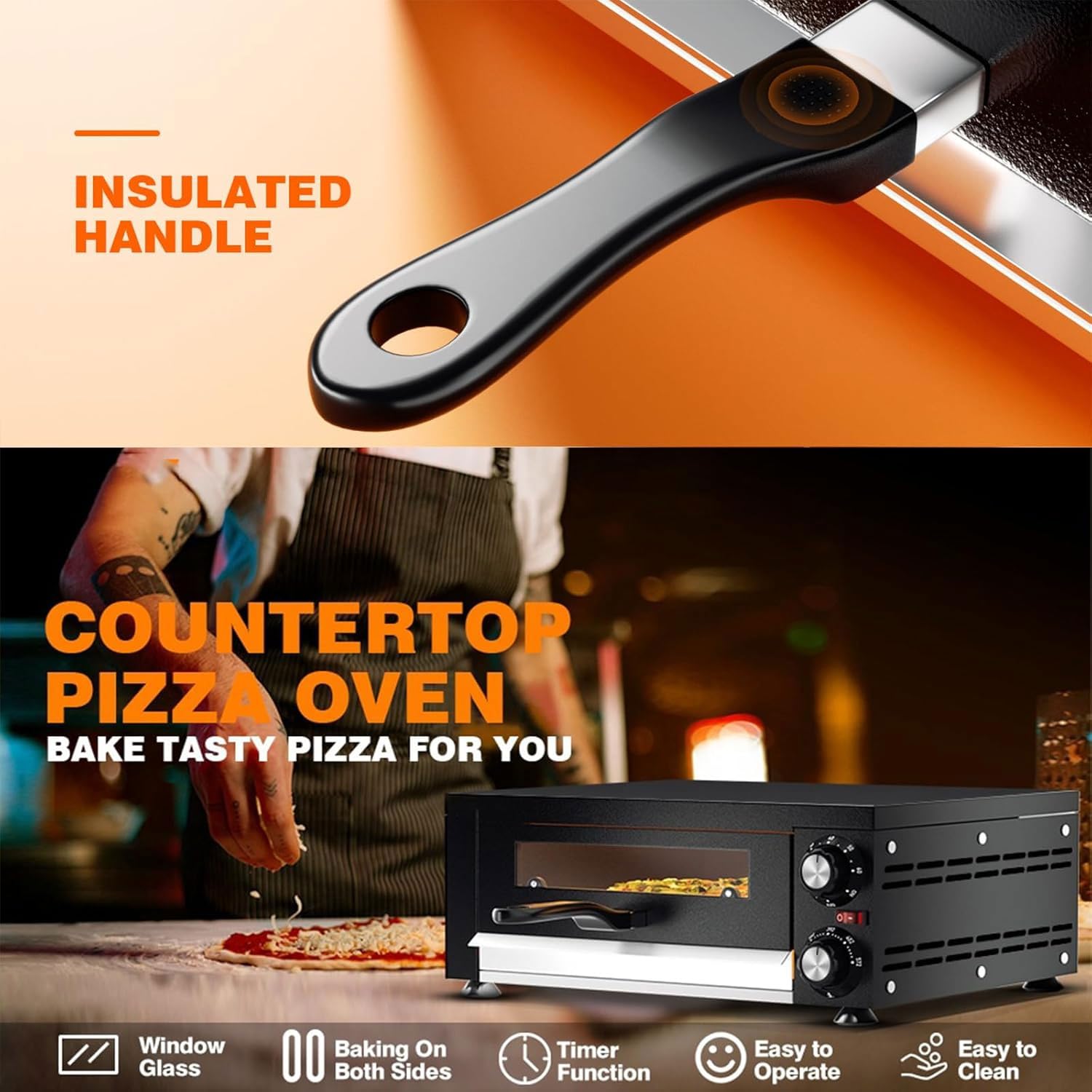 Forno per Pizza Commerciale per Interni, Pizzaiolo Elettrico in Acciaio Inossidabile da 12" con Finestra Visiva, Timer 60 Minuti, Controllo 122-572°F, Riscaldamento su Doppia Faccia