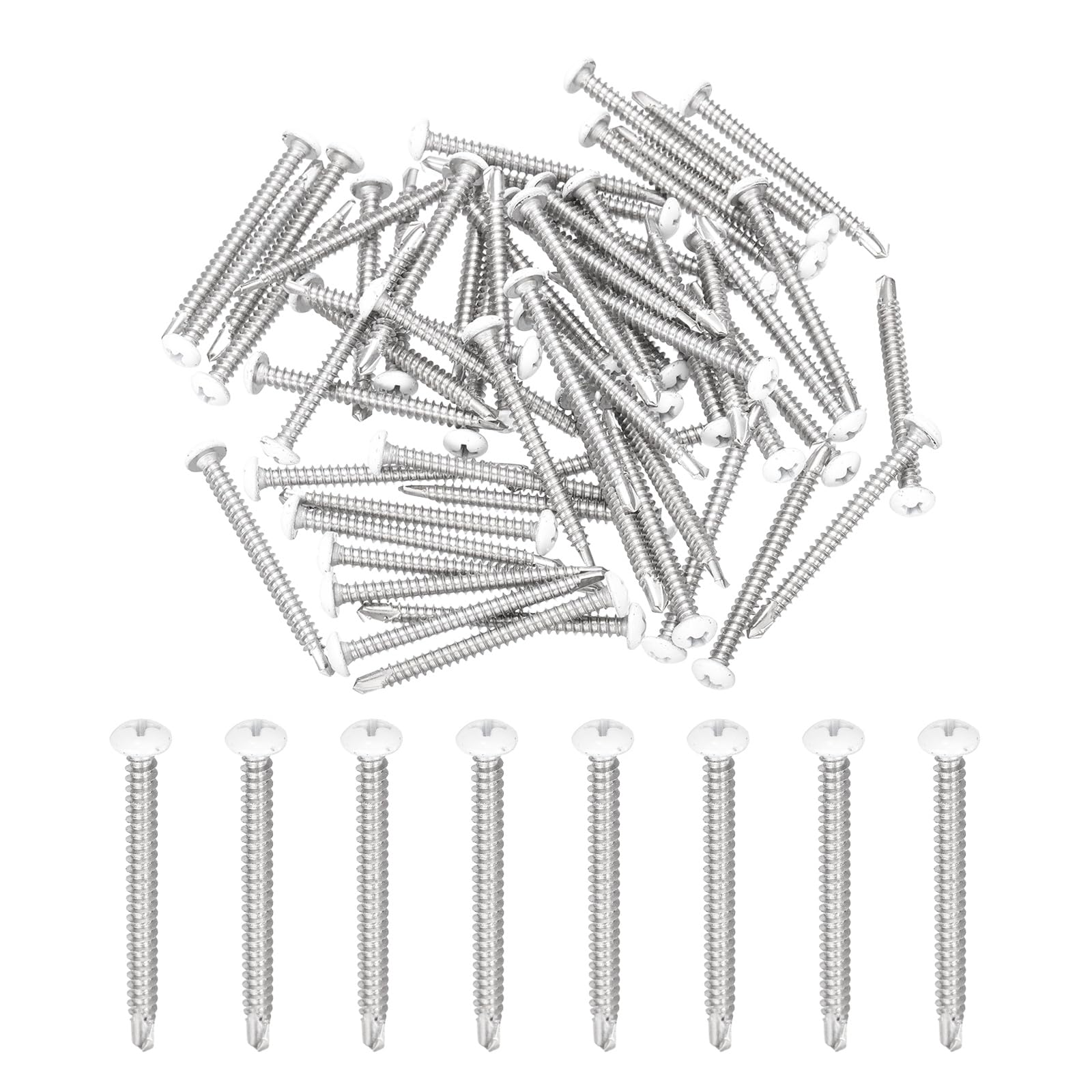 sourcing map 60Pcs M4.2x45mm White Thick Pan Head Self Tapping Screws, 410 Stainless Steel Self Drilling Screws for Metal Sheet Metal Screw, Silver