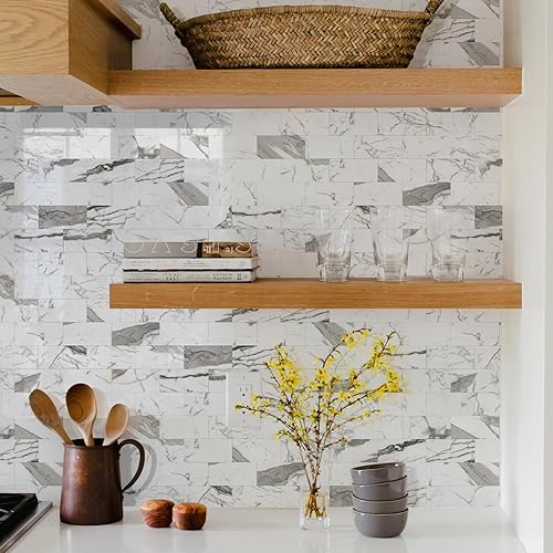 Vista 71 de STICKGOO 10 hojas de azulejos de metro para despegar y pegar, azulejos de pared para salpicaduras de cocina, azulejos de pared de PVC para Pizarra