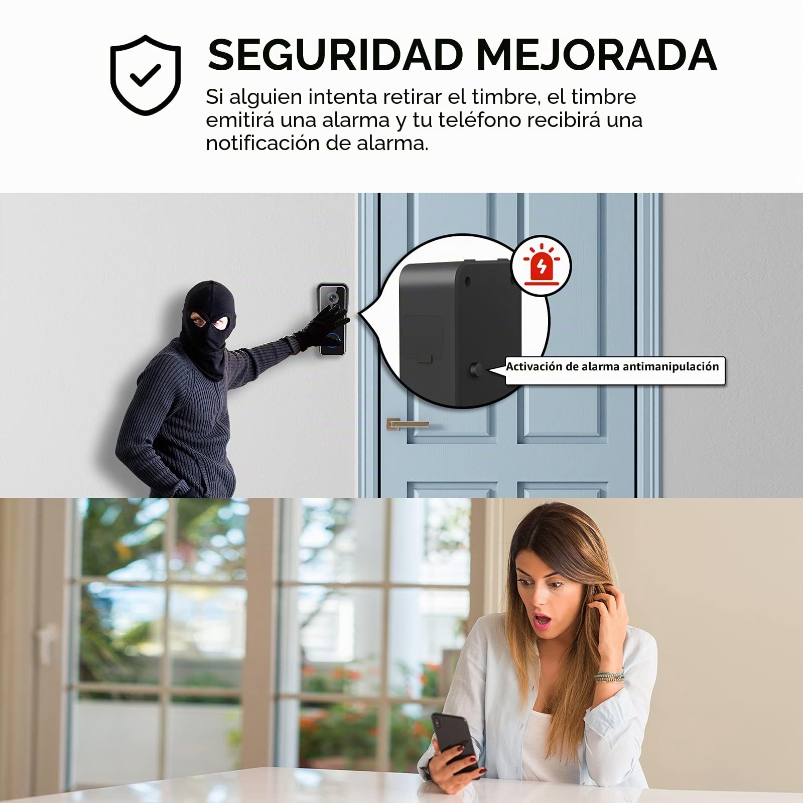 XTU Timbre Inalámbrico con Cámara WiFi, 2K HD Vídeo Timbre Puerta Inteligente con Cámara,Detección Humana PIR,Visión Nocturna,Audio Bidireccional,SD y Almacenamiento en la Nube, IP66 Impermeable