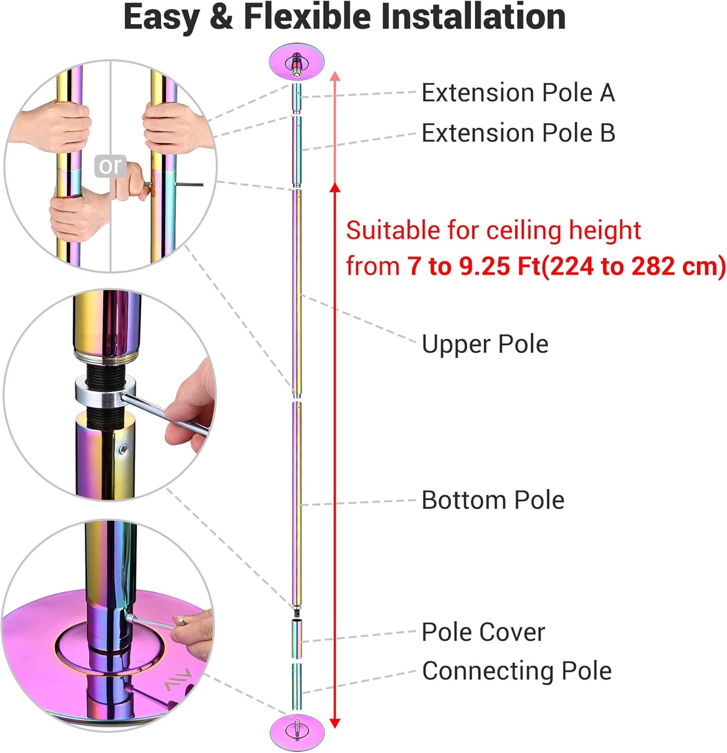AW 9.25 FT Portable Dance Pole Kit Static Spinning Pole Dancing Pole Strip Poles for Home Removable 45mm Dance Pole Gym Party Club Exercise Fitness Silver/Black/Colorful/Gold, Max Load 1102 Lbs