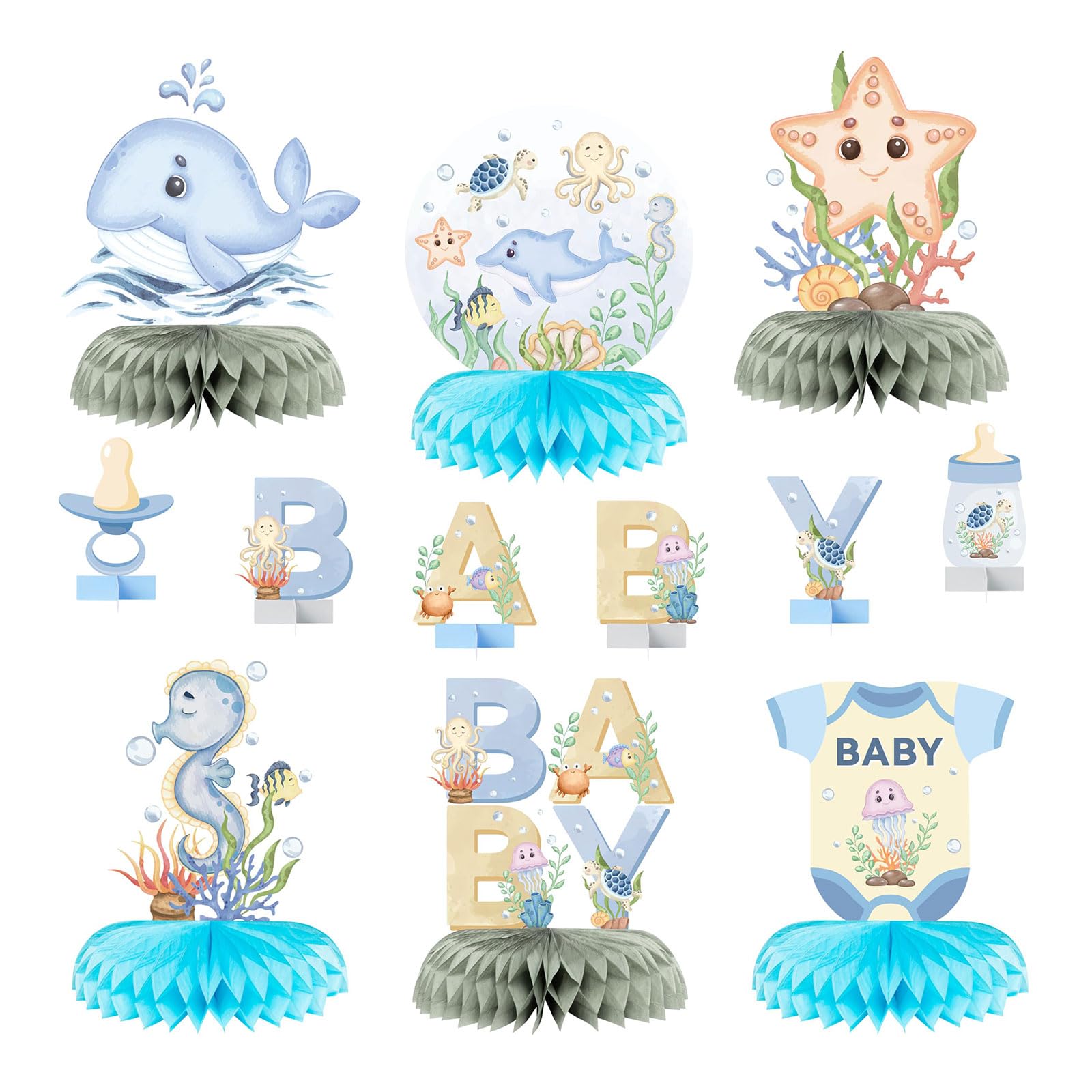 Bubaxuce Under The Sea Baby Honeycomb Table Decor - 12 Pieces Ocean Marine Animal Honeycomb Decorations Ocean Creatures Table Decorations For Sea Theme Baby Shower Gender