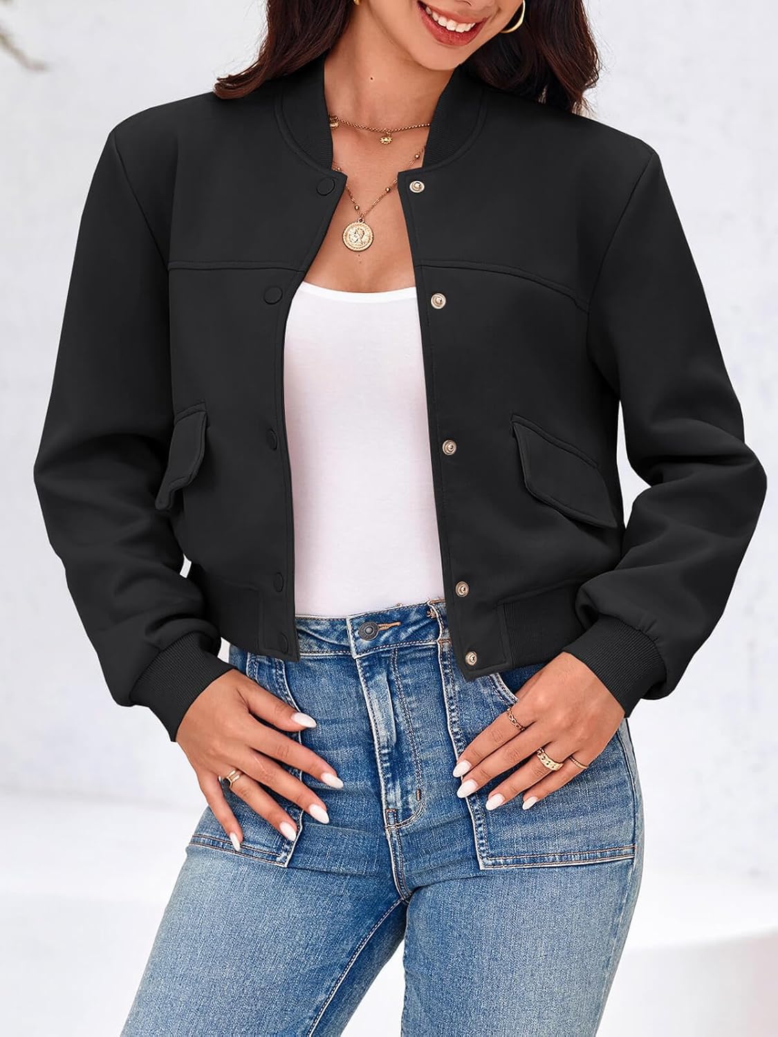 Tankaneo Womens Cropped Bomber Jackets Casual Button Down Long Sleeve Stand Collar Varsity Shacket Coats - Image 2