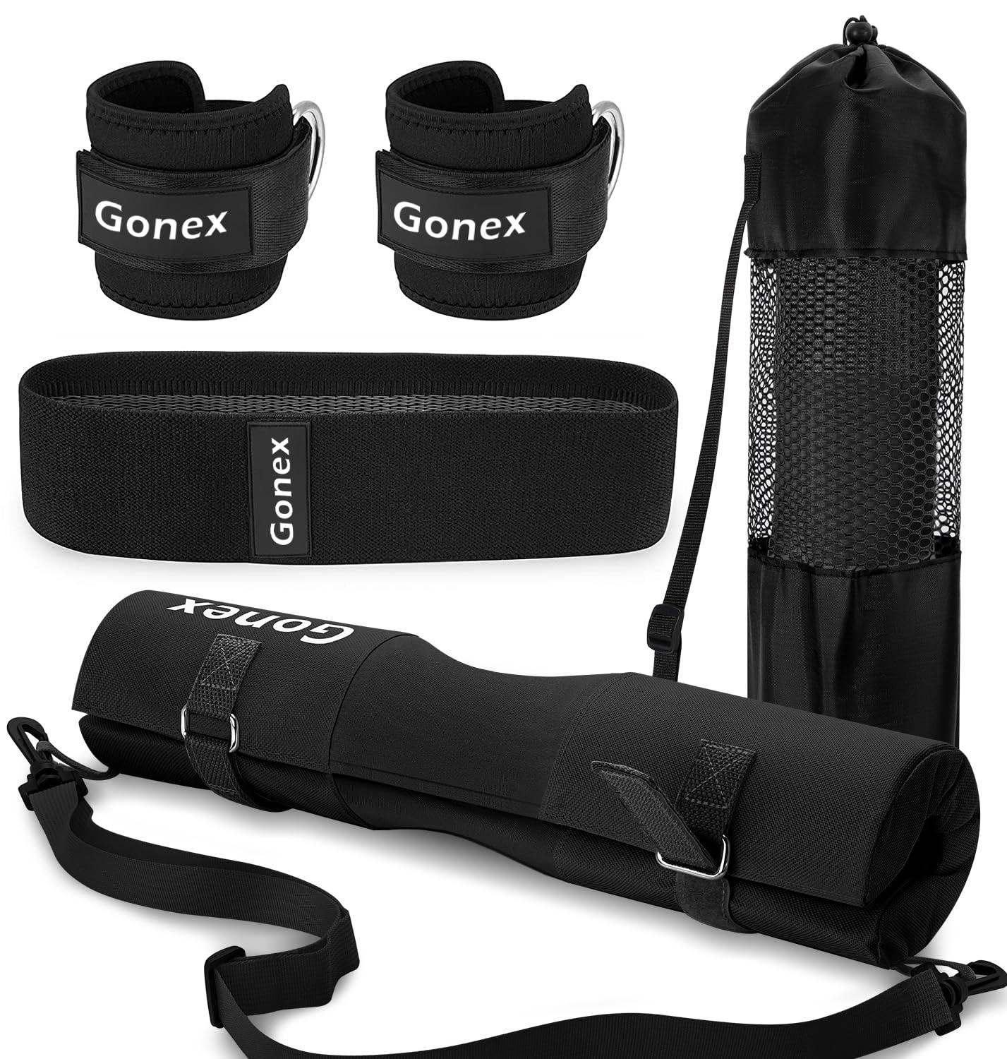 Gonex Mousse Barre Musculation Manchon à Squat pour Squats Lunges Hip Thrusts Haltérophilie, Barbell Squat Pad avec 2 Sangles de Cheville Bande de aux Hanches, Convient aux Barres Olympiques