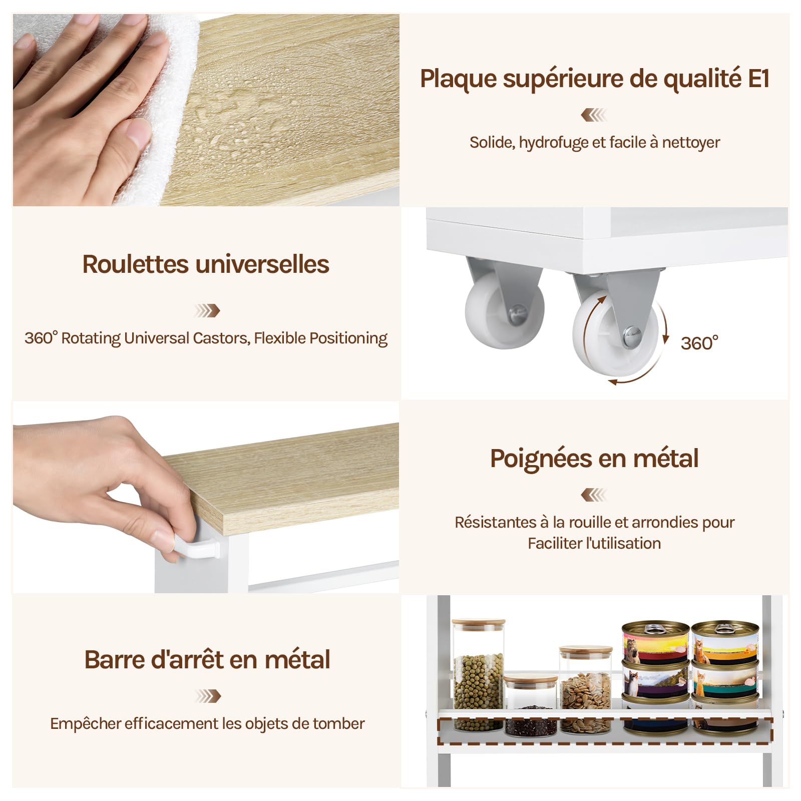 WOLTU Desserte à roulettes, Chariot de Rangement à 3 Niveaux, Desserte Cuisine, Chariot de Service, Étagère roulettes, avec Poignée et Freins, 47x80x13 cm, Chêne Clair + Blanc