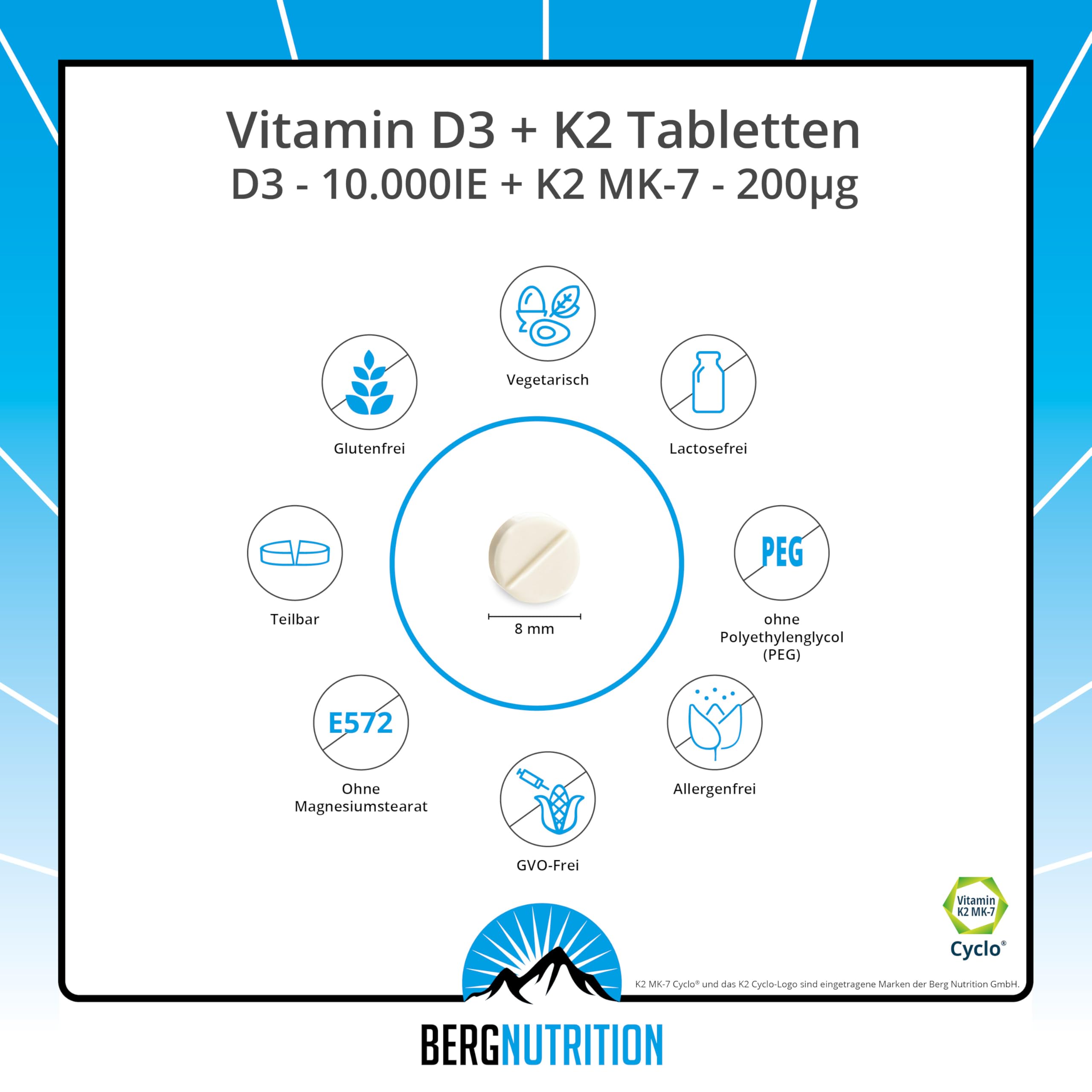 Vitamin D3 10.000 I.E + 200 µg K2 99+% ALL-Trans, 365 vegetarische Tabletten hochdosiert u. teilbar, Premium Vitamin D Tabletten, Vitamin D 3 und Vitamin K 2