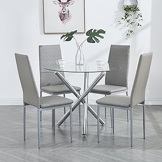 paonne Round Glass Dining Table Set 5 Pieces Dining Table Chair Set for Home Kitchen Round Tripod Chrome Legs Table with 4 PU Chairs, Contemporary Dining Room Set (002 Table with 004 Chairs)