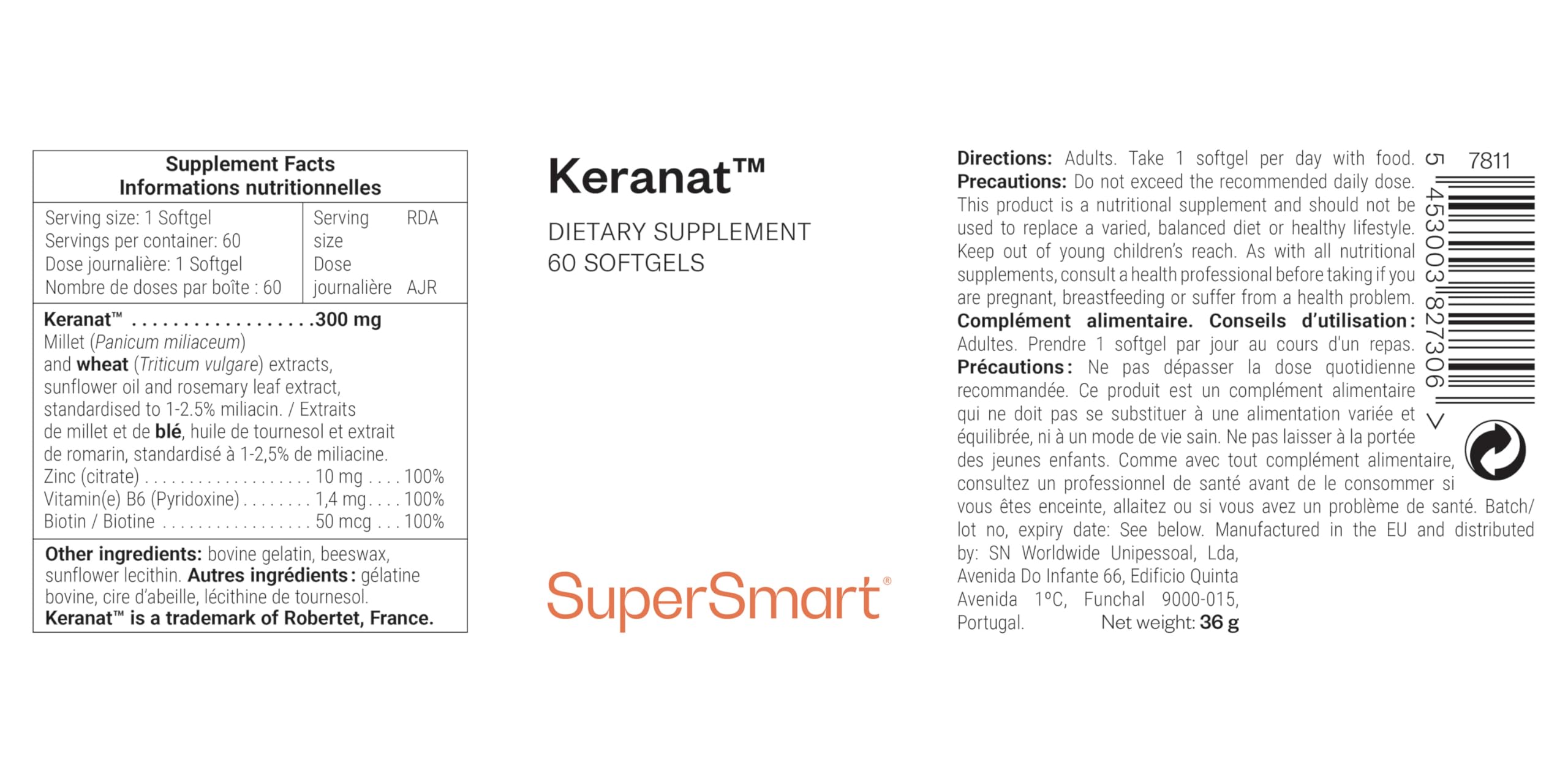 Keranat ™ - Salute dei capelli e del cuoio capelluto - SuperSmart | Anticaduta - Arricchito con zinco e biotina (vitamina B8) - Aiuta a mantenere il normale metabolismo - Ingredienti
