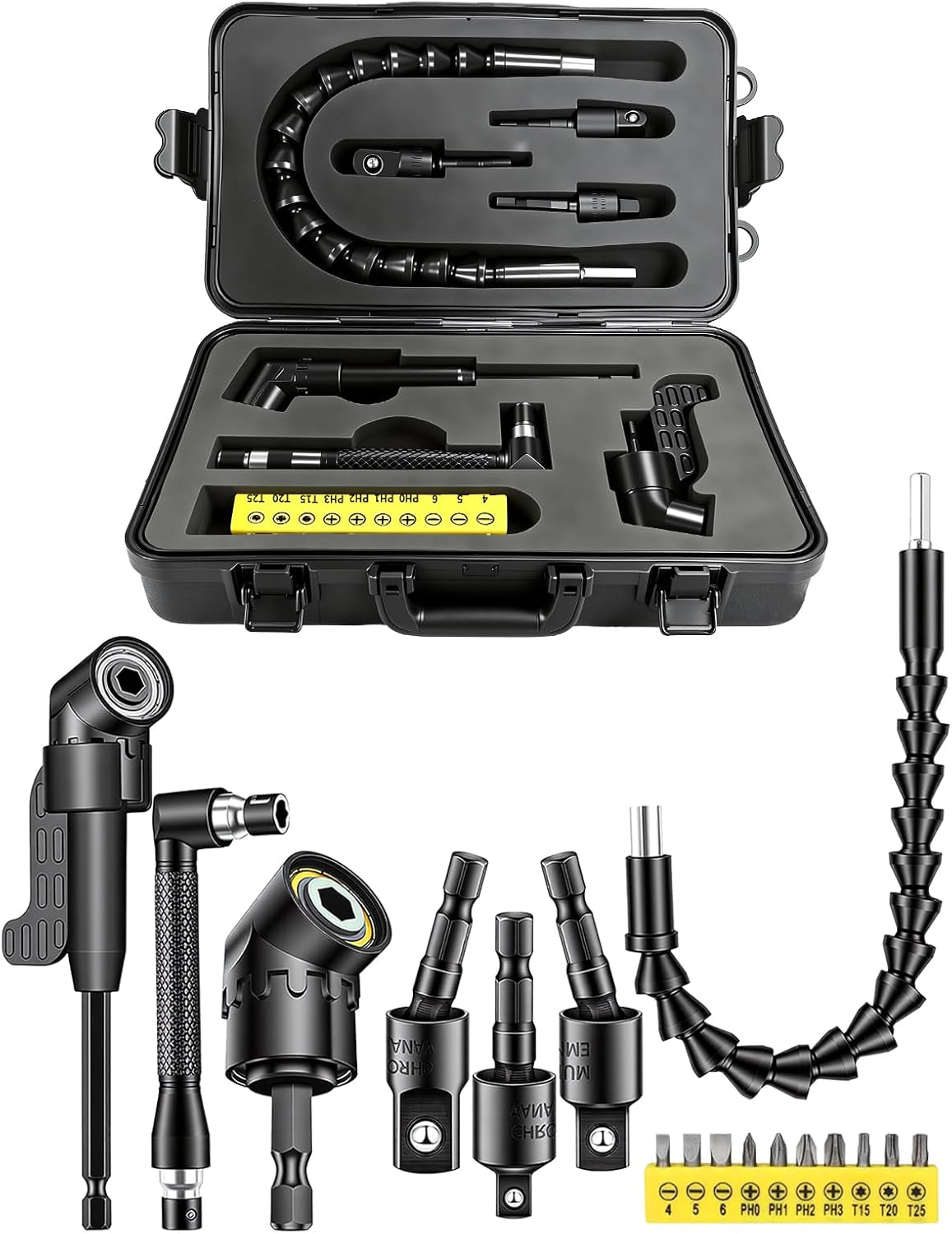 Right Angle Drill Attachment, Flexible Drill Bit Extension, 17PC Magnetic Drill Bit Set 90/105° Angled Rotatable Socket Adapters, Ratchet Wrenches for Tight Narrow Spaces Home Garage Technicians