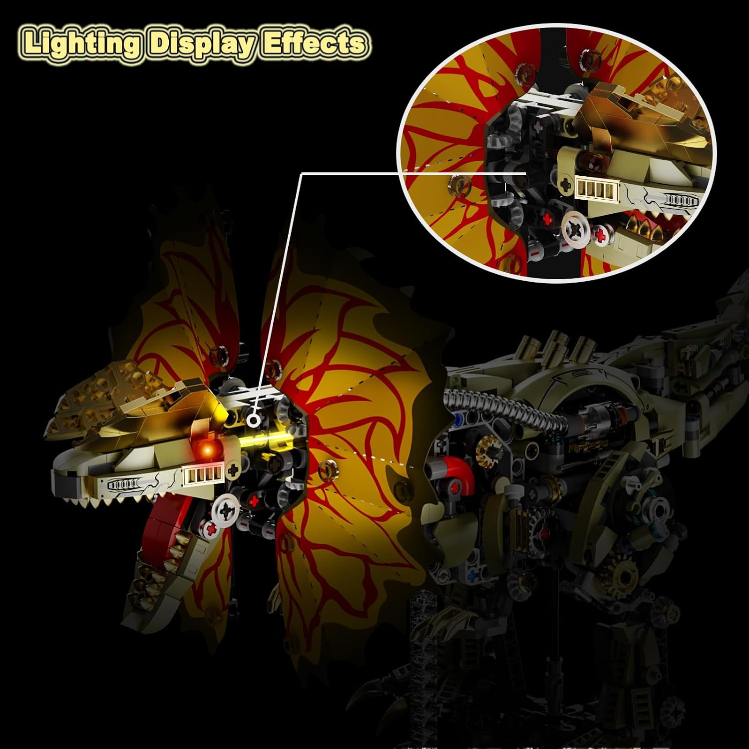 Mechanical Dinosaur Building Block Toy Kit with LED Light, Movable Linkage Gears, Display Stand - Fantasy Dinosaur Model Kit for Teens & Adults 1277 PCS