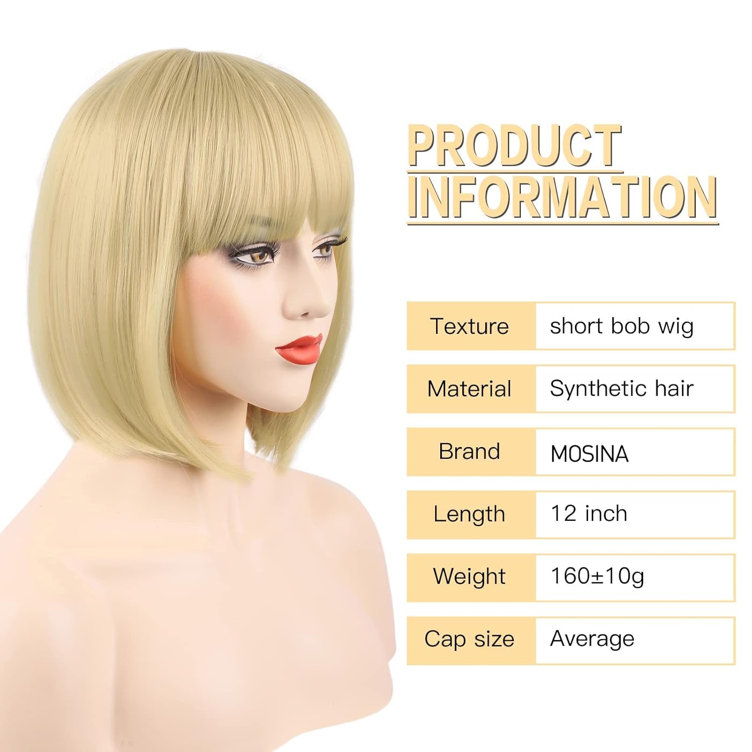 MOSINA 613 Blonde Bob Wig - Short 613 Blonde Straight Bob Wigs with Bangs for Women, Colorful Short Hair Wig, Cute Synthetic Wigs for Cosplay, Daily, Halloween (12inch) - Image 5