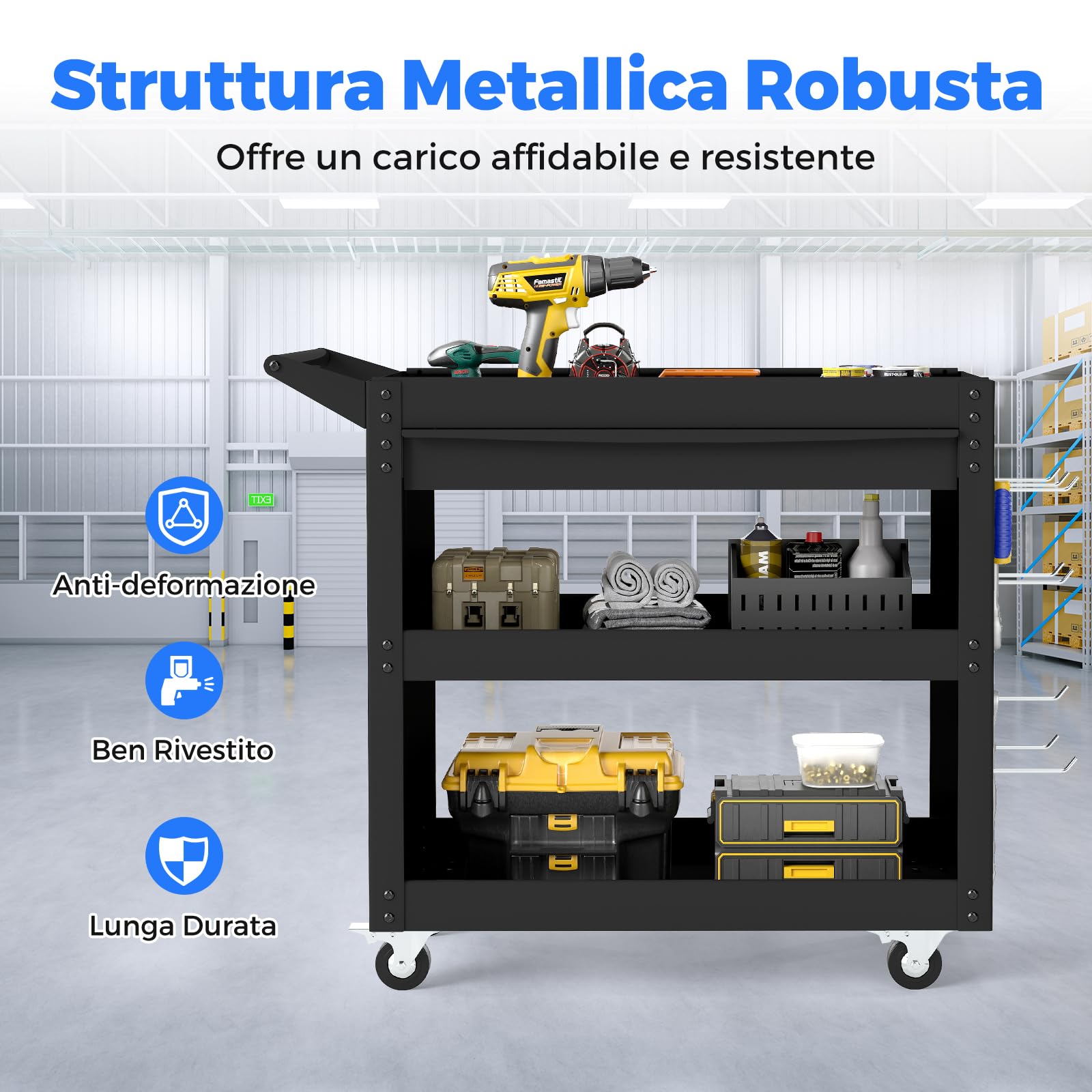 COSTWAY Carrello Portautensili a 3 Ripiani con Ruote, Carrello Attrezzi in Metallo con Cassetto Grande, 2 Pannelli Forati e 8 Ganci, Carrello di Servizio per Garage e Officina, Portata 250 kg