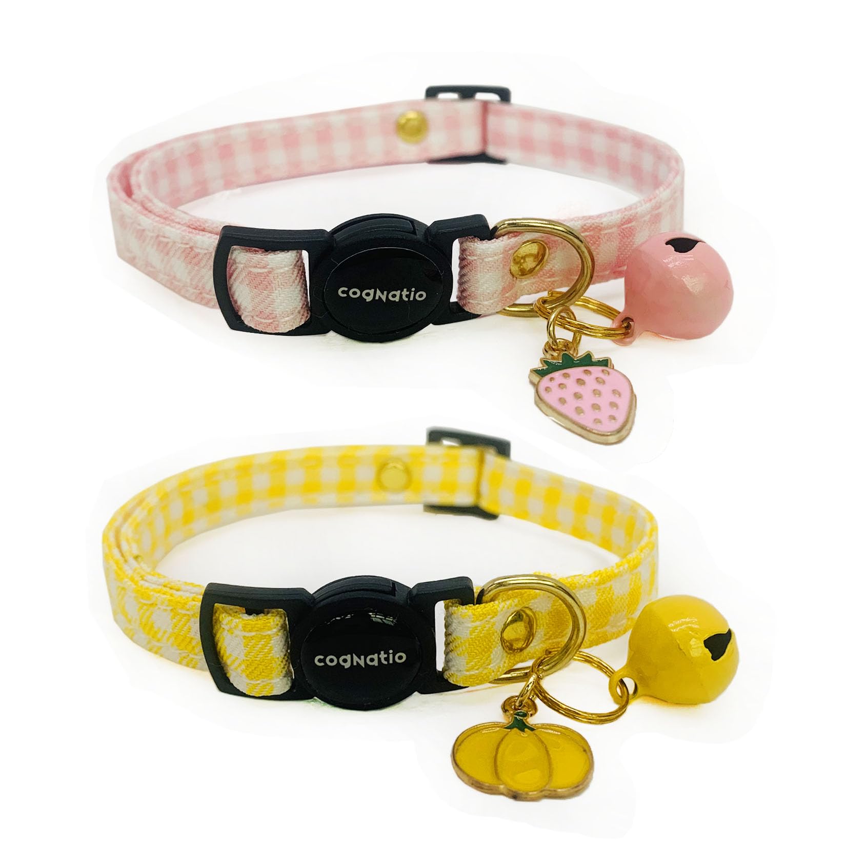 2 Pack Cotton Breakaway cat Collars with Bell,Safety Quick Release Pendant Cute Kitten Collar,Adjustable 20-30cm (Baby Pink+Lemon, 20-30cm)