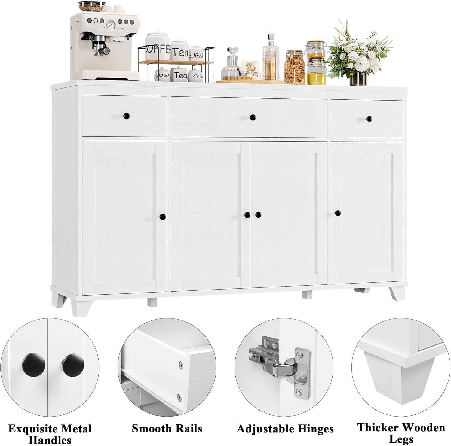 HIFIT 55" Large Kitchen Buffet Cabinet with Storage Drawers, Modern Sideboard Buffet Table Storage Cabinet with Doors and Shelves, Wood Coffee Bar Cabinet for Kitchen Dining Living Room, White