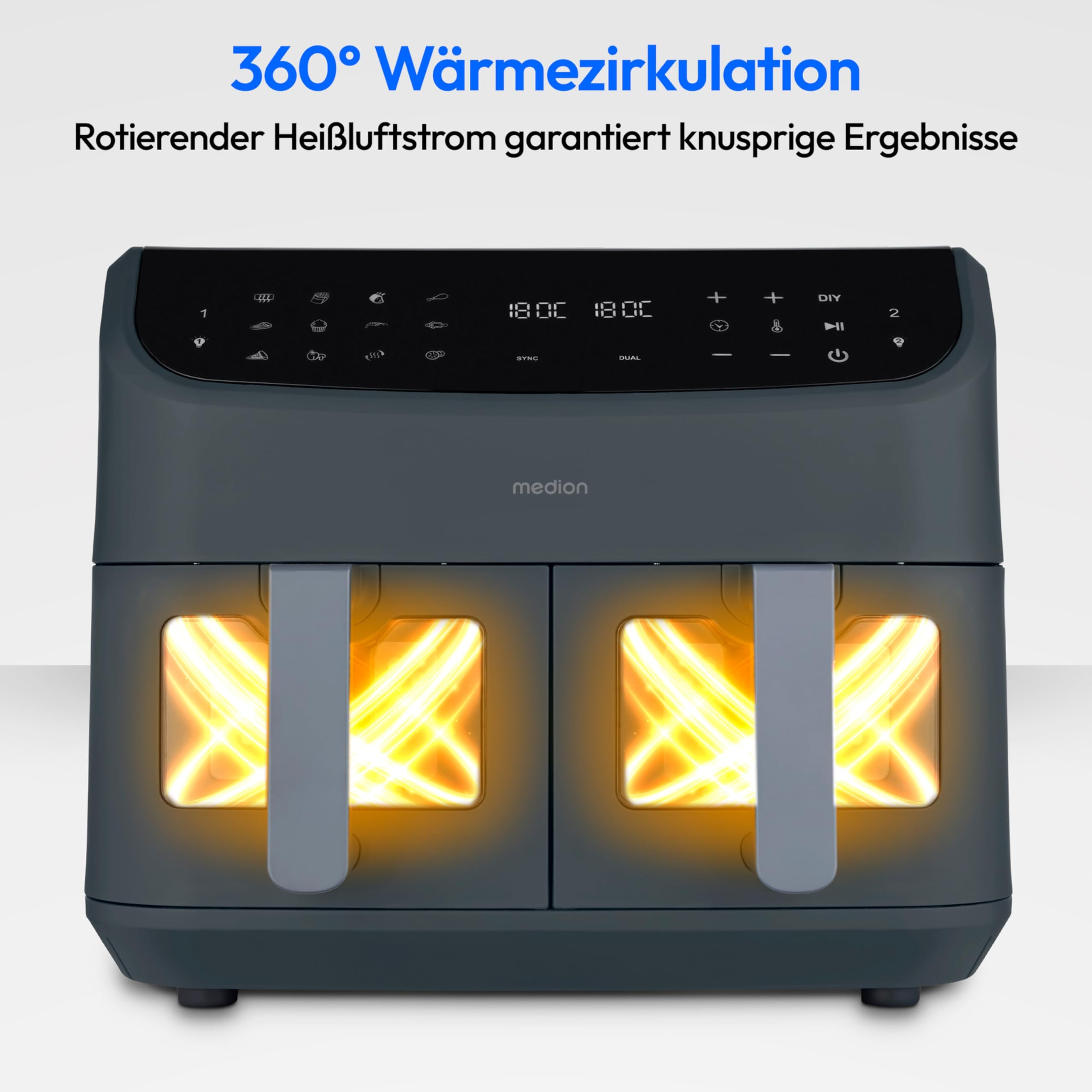 MEDION P20 XXL Heißluftfritteuse mit 2 Kammern (8,7 Liter, Airfryer, 2.600 Watt, Doppelkammer, 10 Automatikprogramme, 2 Schubladen, Sichtfenster, Dualer Airfryer, ILAG PFAS-frei, MD11760) matt grau