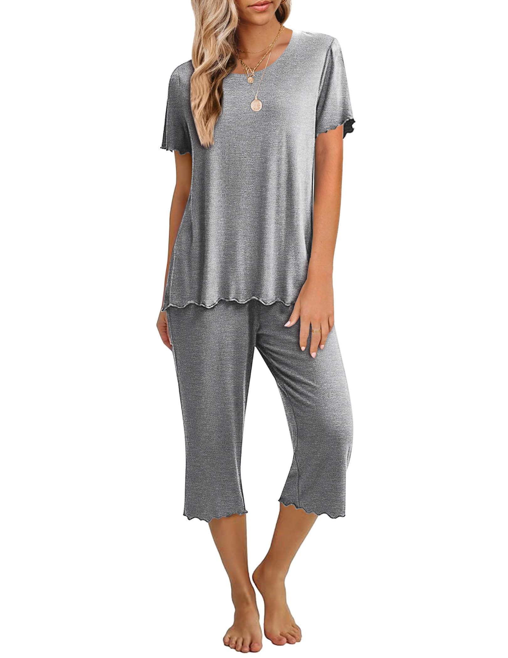 Ekouaer Women's Pajamas Set Short Sleeve Top With Capri Pants Pjs 2 PIece Lounge & Sleepwear Set S-XXL