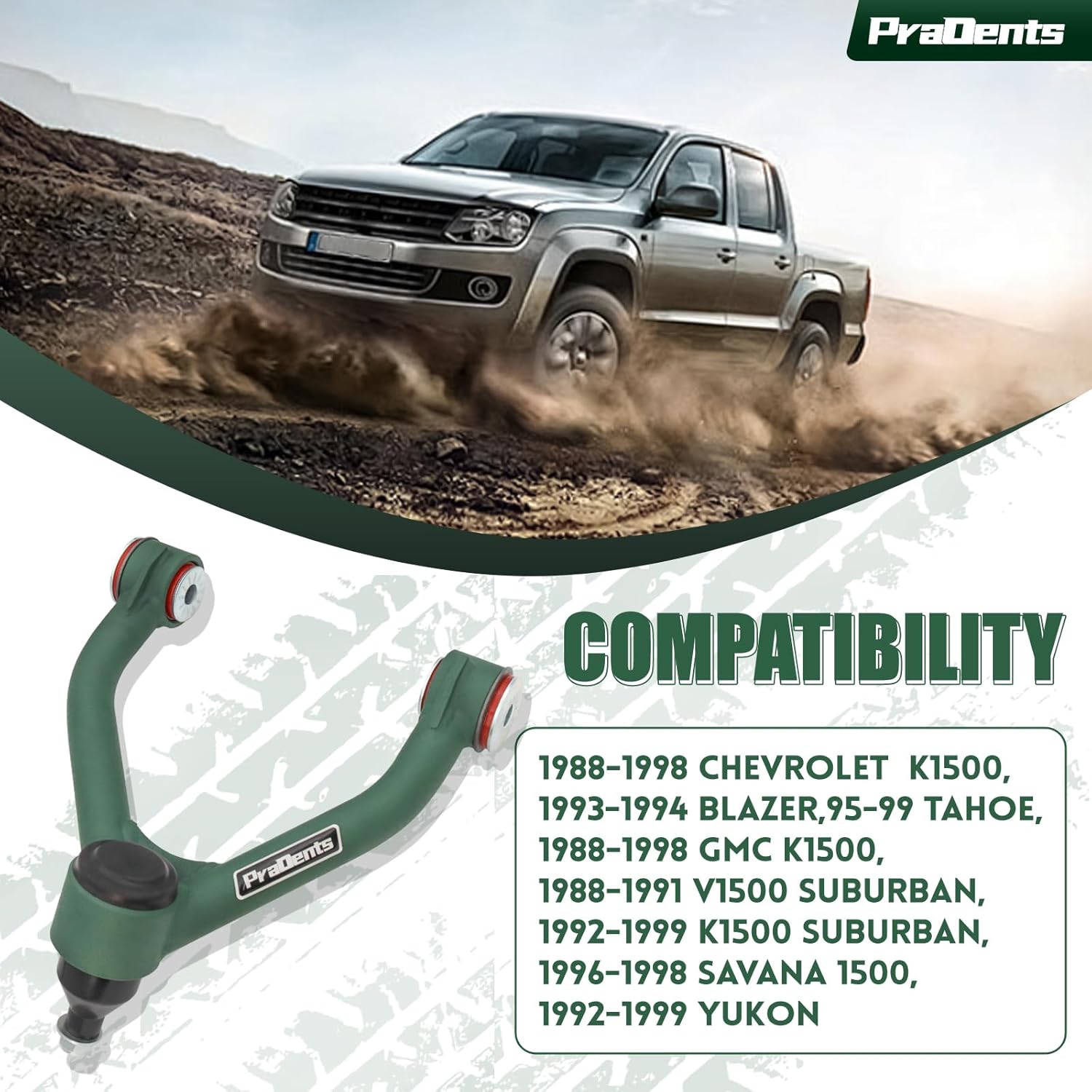 2-4" Lift Front Upper Control Arms for 1988-1998 Chevy GMC K1500, 1993-1994 Chevy Blazer, 1995-1999 Chevy Tahoe, 1988-1991 GMC V1500 Suburban, 1992-1999 Chevy GMC K1500 Suburban Yukon, Wrinkle Green