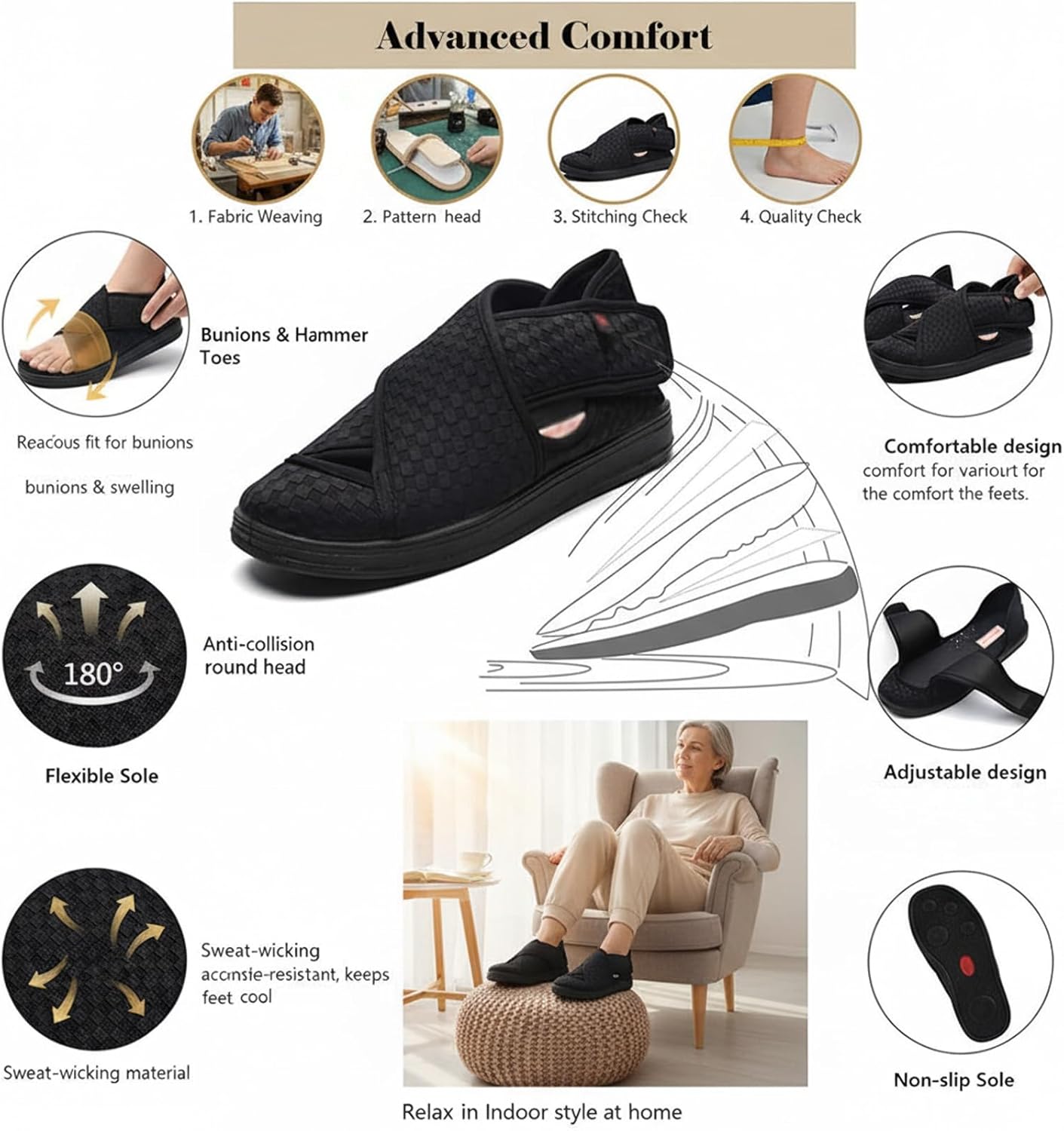 Diabetic Slippers, Adjustable Closure Walking Sandals, Non-Slip Wide Shoes, Comfortable Footwear, Lightweight Shoes, Orthopedic Casual Slippers, for Swollen Feet Relief