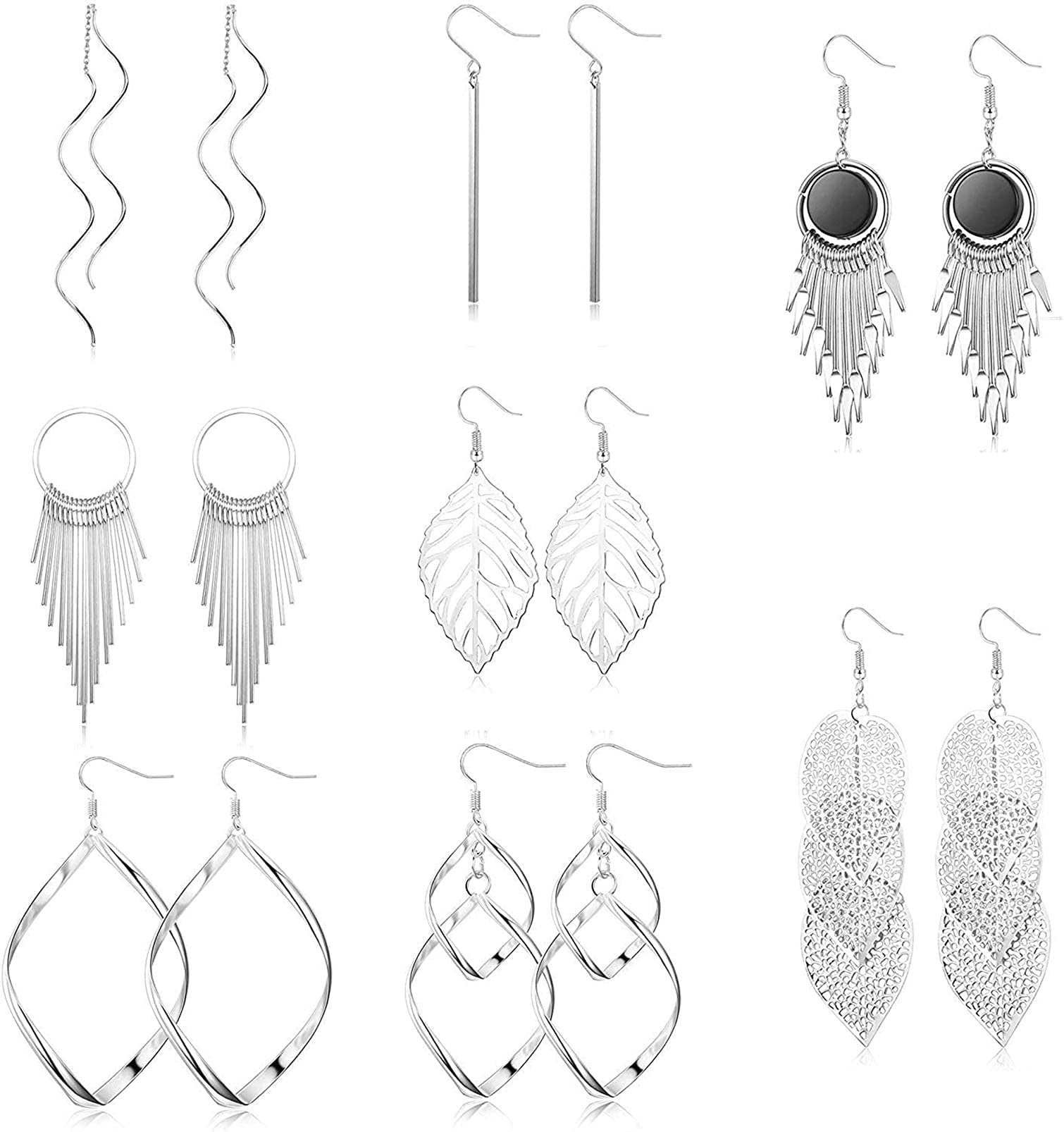 JeweBella 8 Pares Pendientes Colgantes para Mujer Niña Plata/Oro Pendientes Hipoalergenicos Largos Pendientes de Borla Hoja Ola Pendientes Joyería de Moda
