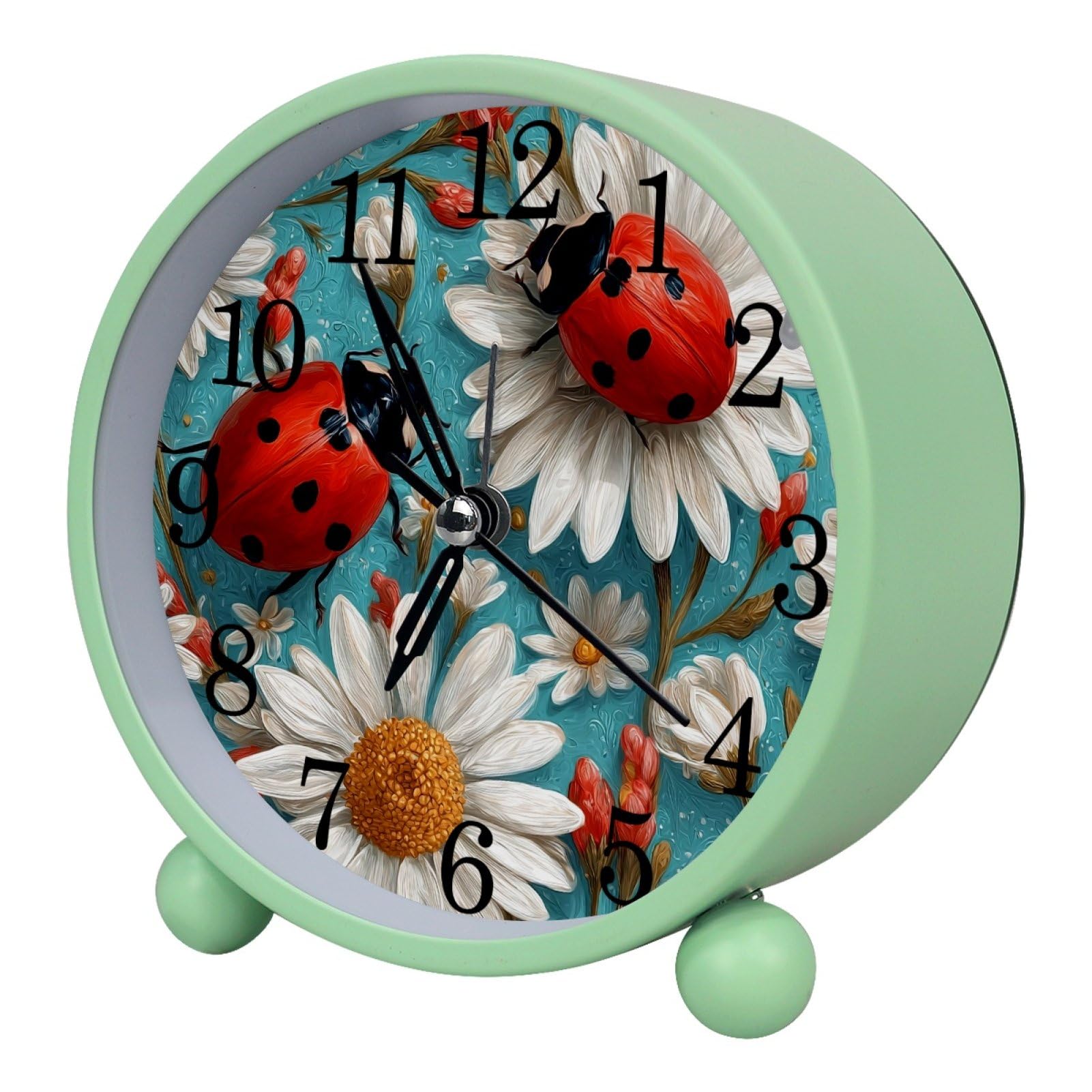 etoenbrc Watercolor Daisy and Ladybug Round Battery Operated Bedside Alarm Clock Non-Ticking Desktop Silent Analog Alarm Clock with Light