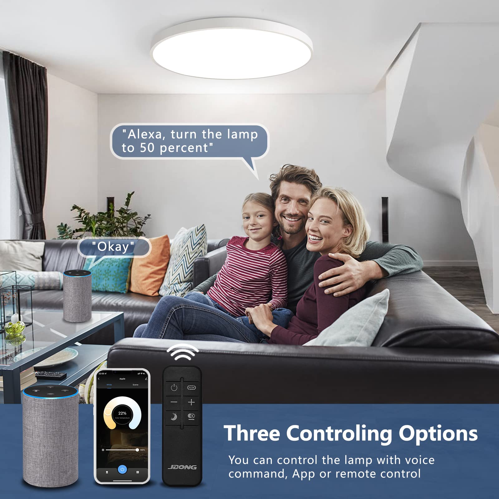 JDONG Smart 54W LED Deckenleuchte Dimmbar Wlan Deckenlampe Kompatibel mit Alexa und Google Home 3000-6500K Flach Rund Lamp für Schlafzimmer Wohnzimmer Küche Flur Balkon Keller Ø50CM