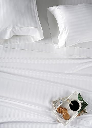 Vista 4 de Lane Linen Juego de sábanas blancas de tamaño Queen, sábanas a rayas 100% algodón para cama tamaño Queen, sábanas suaves de lujo a rayas