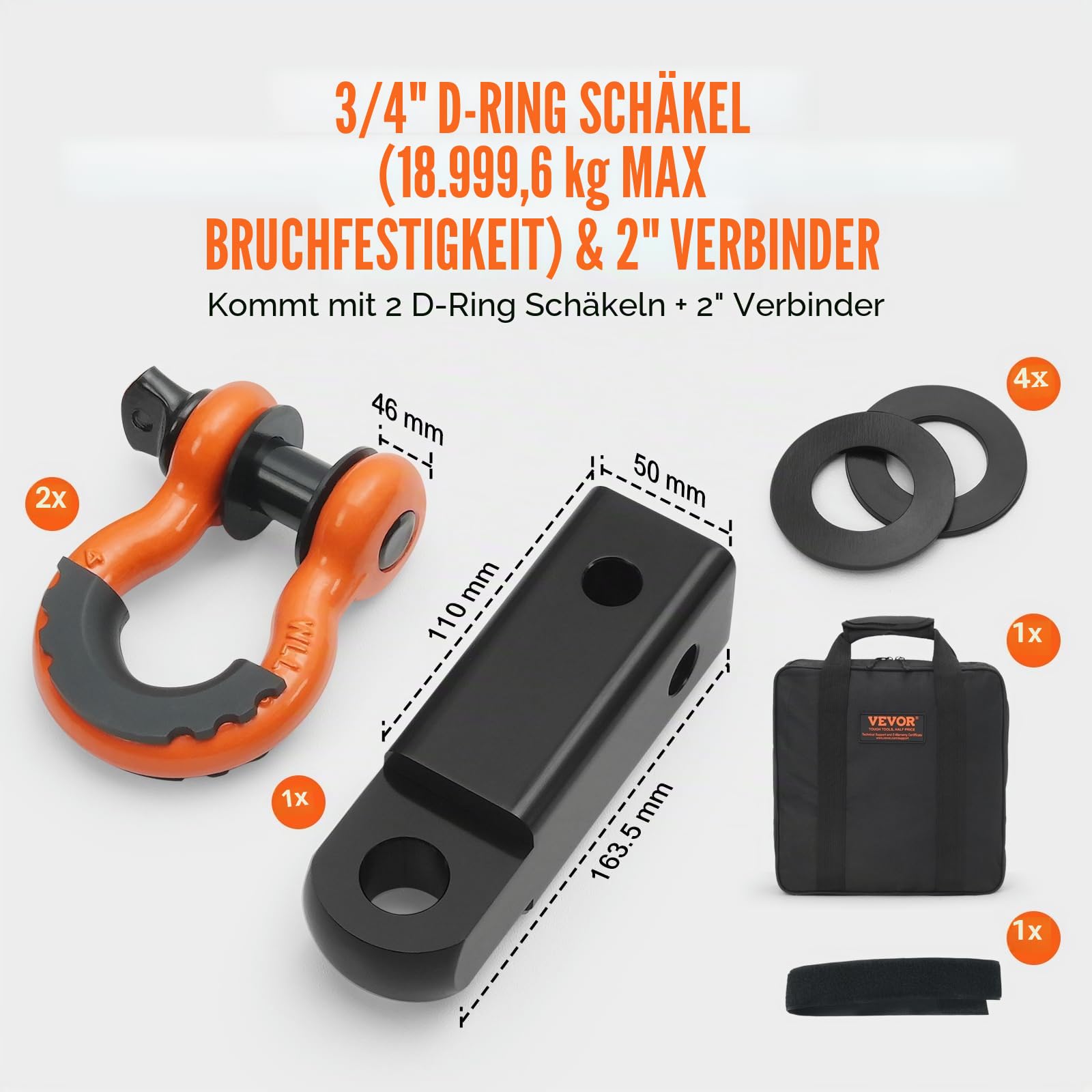 VEVOR Abschleppgurt aus Polyester, 7,6 cm x 9,1 m (16329 kg), Windengurt, dreifach verstärkte Schlaufe, Bergegurt 5,1 cm Anhängerkupplungsaufnahme 1,9 cm D-Ring-Schäkel (2 Stück) Aufbewahrungstasche