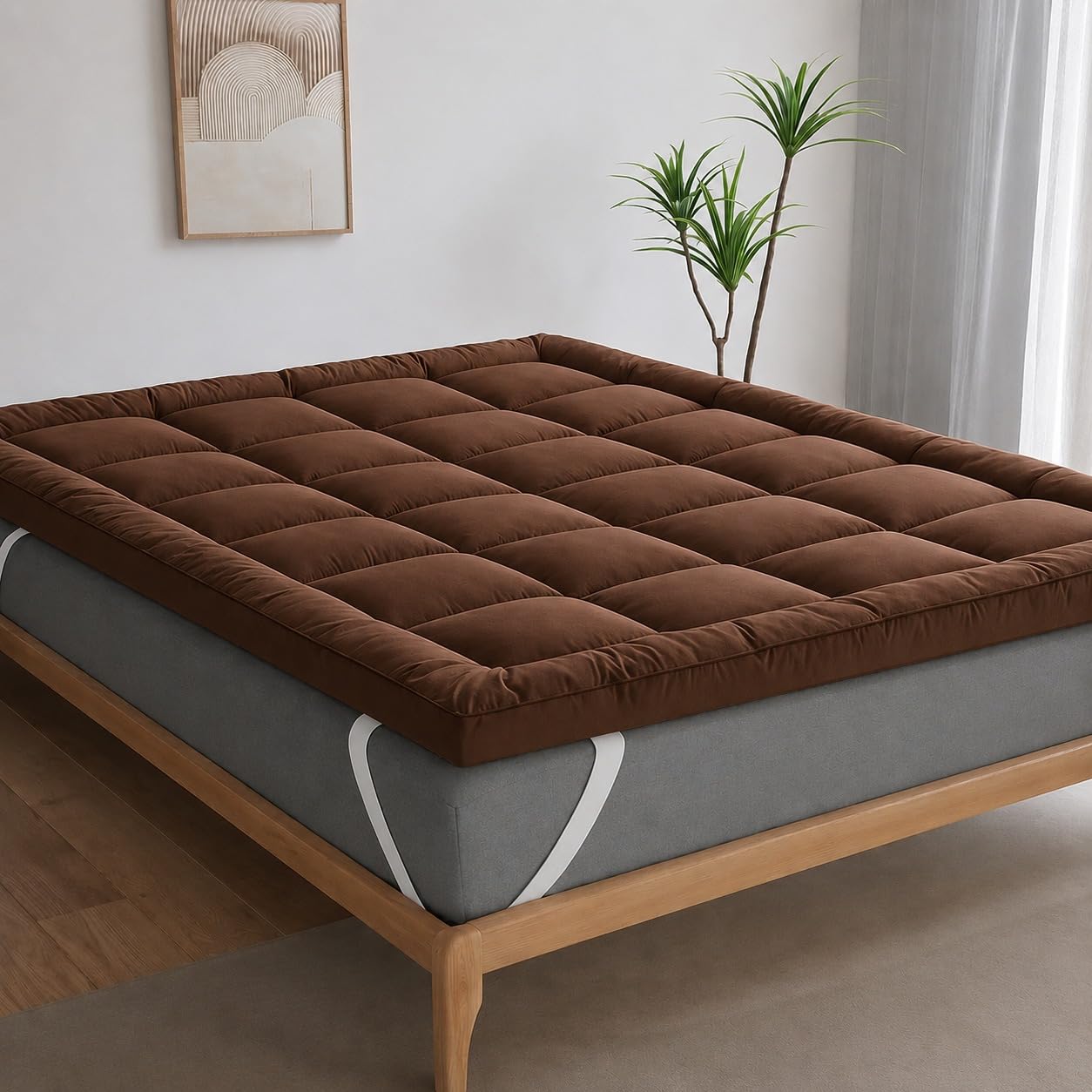 Ultra Soft Microfiber Mattress Topper Double Bed 72x72 Inch, Quilted Mattress Protector Pad, Breathable Plush Bed Topper for Enhanced Comfort & Back Support, Deep Fit Elastic Corners (Brown)-image-33
