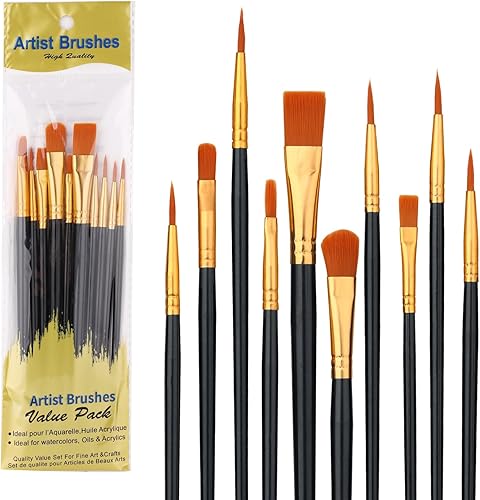 Juego de 10 pinceles de pintura negra, pinceles de nailon para óleo, acuarela y pintura acrílica, ideal para lienzo, rock y arte de uñas, gran