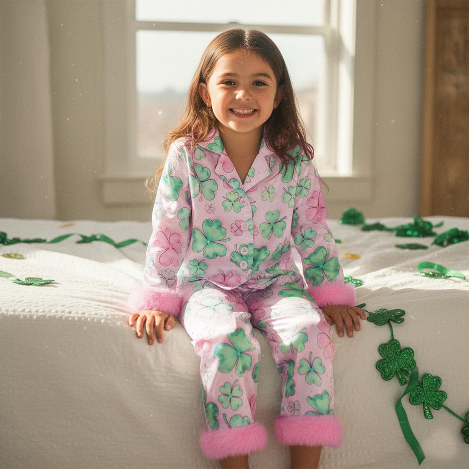 Toddler Baby Girl St Patricks Day Pajamas Silk Pajamas Clover Print Button Down Tops Pants Satin St Patricks Day PJs - Image 2