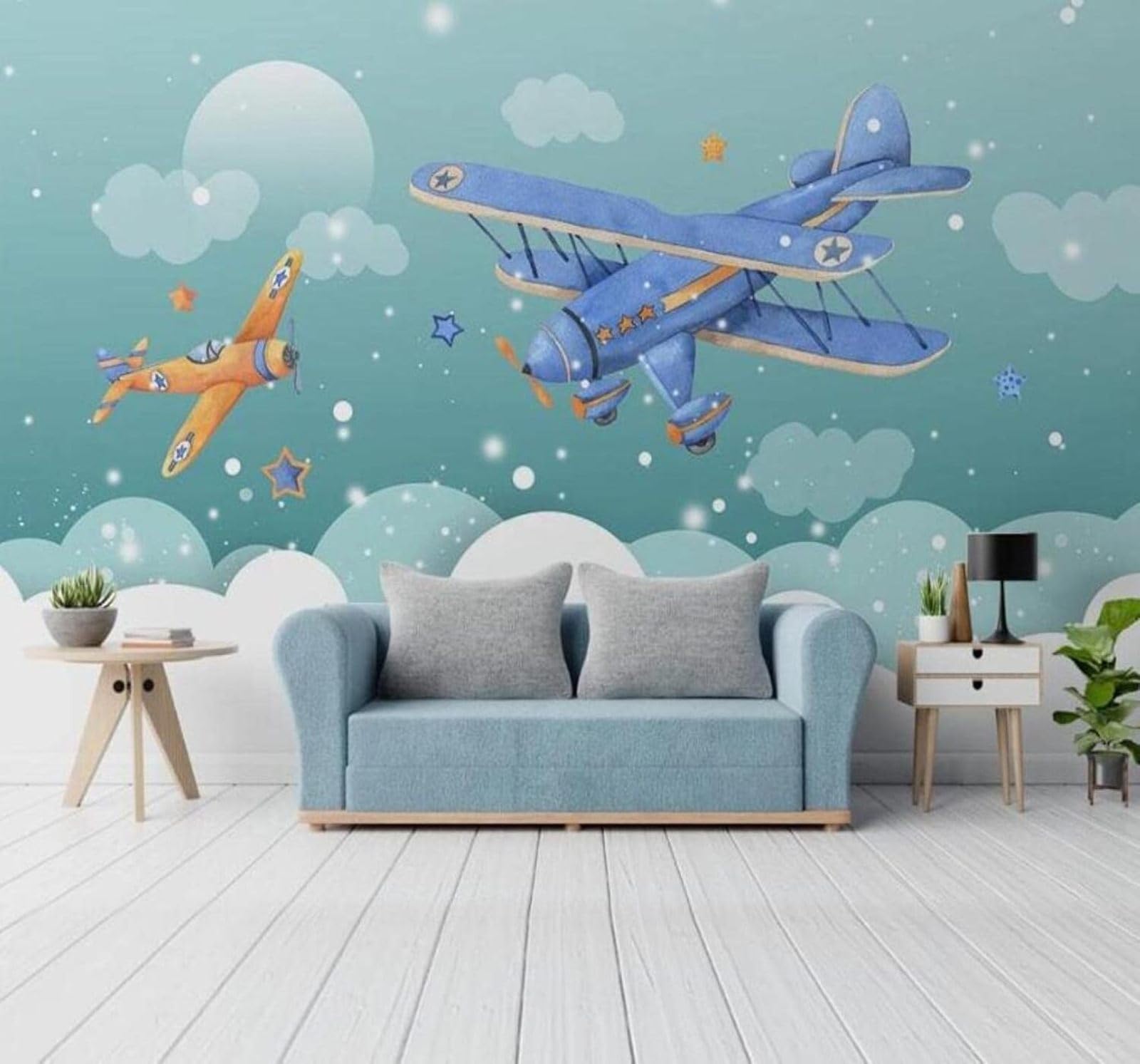 Xlming 200Cm×140Cm(B×H) Hand Drawn Cartoon Blue Sky White Clouds Aeroplane 3D Wallpaper Luxury Silk Study Dining Feature Sofa Grey Bedroom Living Room Tv Decorative Wall-200Cm×140Cm