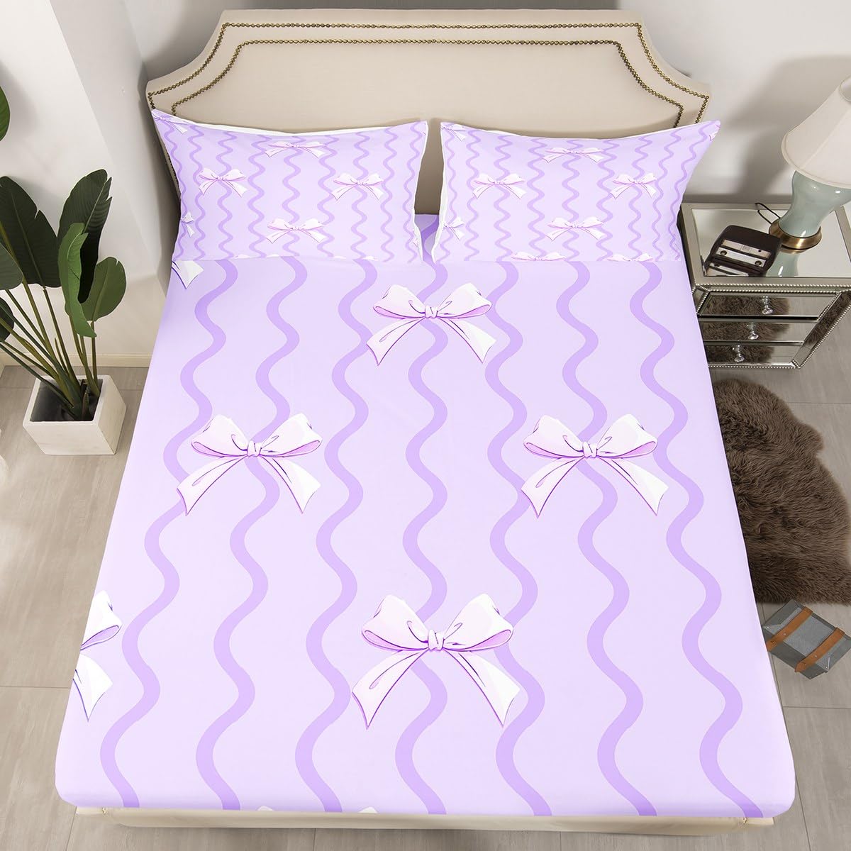 jejeloiu Bowknot Fitted Sheet Twin Size Kids Cute Kawaii Bedding Set for Boys Girls Teens Purple Bed Sheets Set