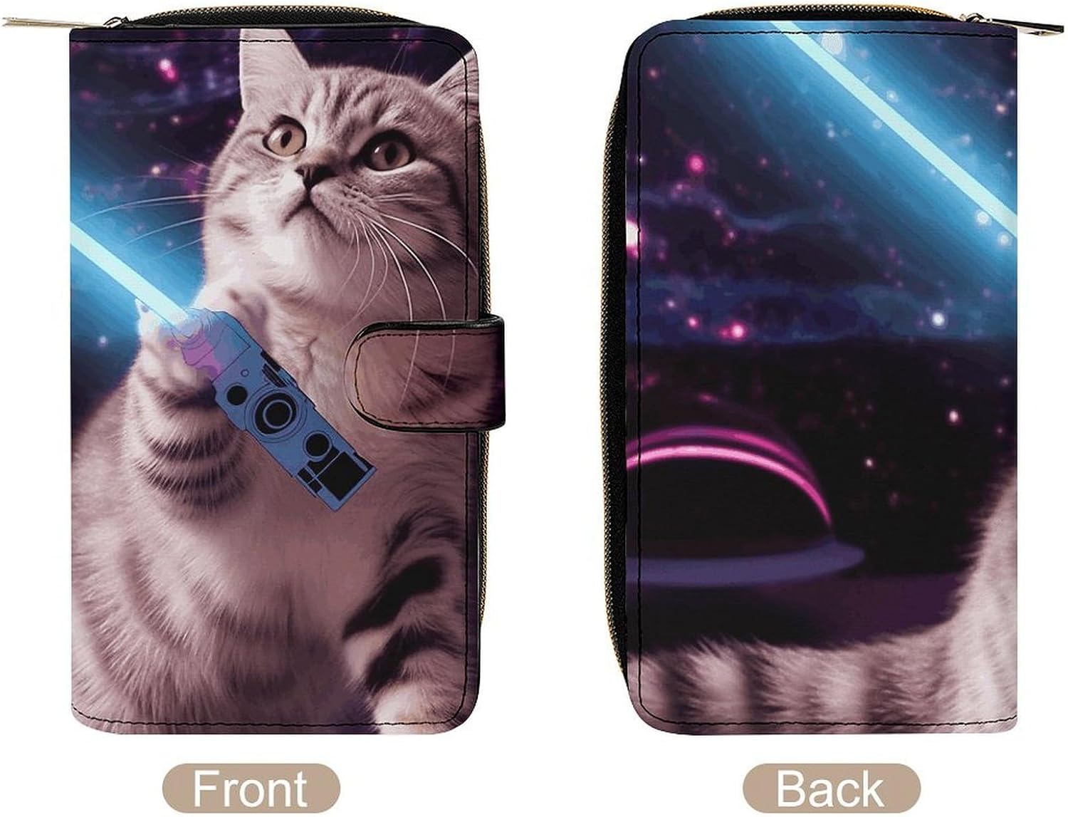 Wristlet Wallets for Women, Space Laser Cat Novelty Cute Funny Printed Ladies PU Vegan Leather Clutch Wallet Zip Around Phone Purse Card Holder Organizer,Work & Daily Use