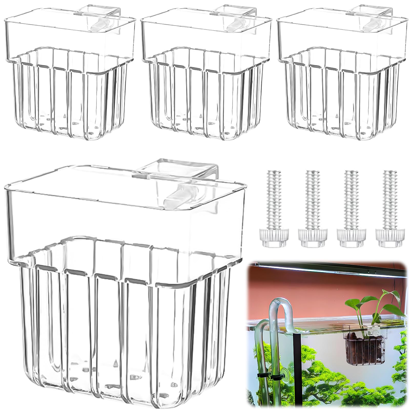 4 Stück Support de Plante D'Aquarium, Transparent mit Panier Plante Aquarium, Support de Plante D'Aquarium Suspendu für Fisch Tank Aquaponic Pflanzenkultur und Aquascape Dekorationen