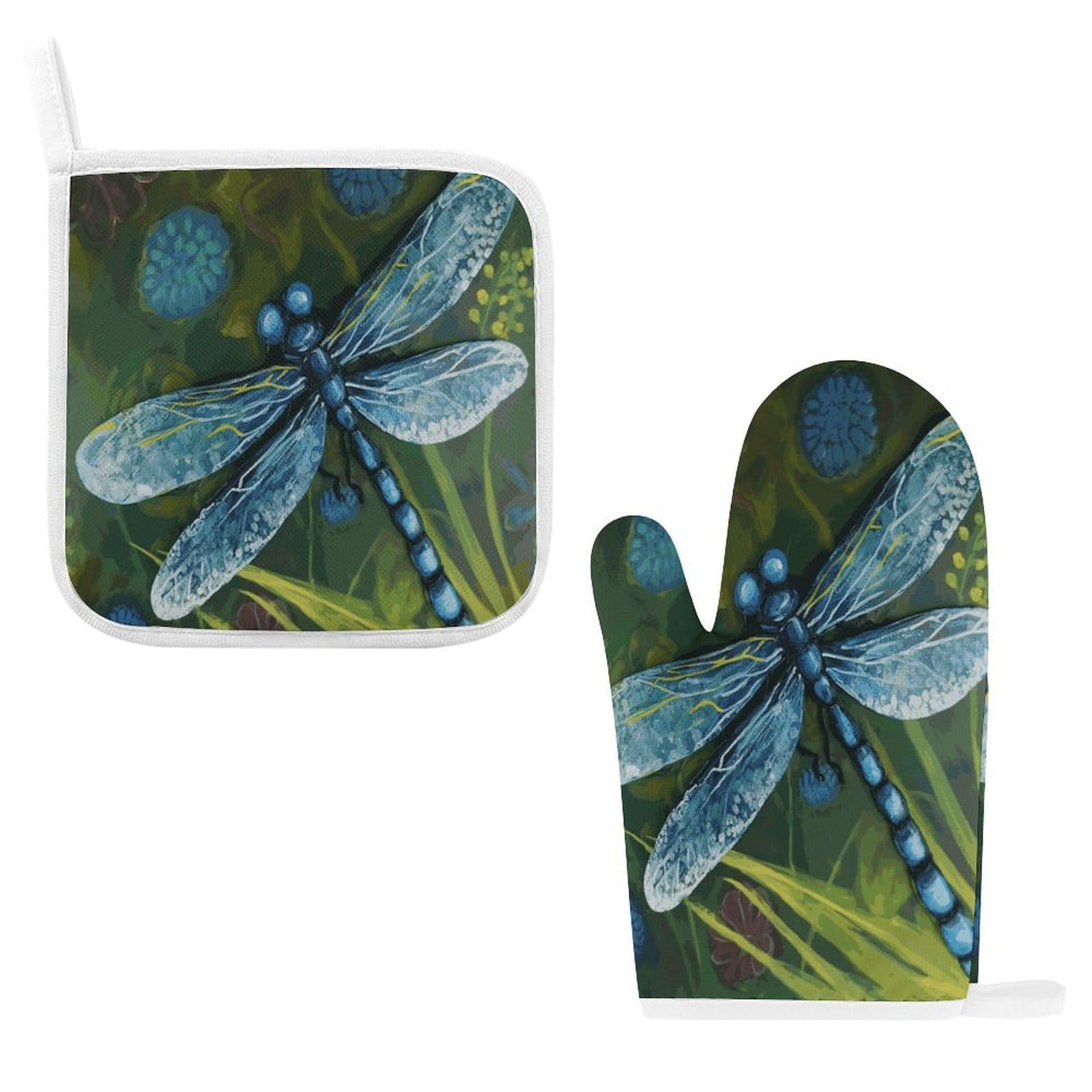 Btcowzrv Style Hand Painted Blue Dragonfly Oven Mitts And Pot Holders 2Pcs Set