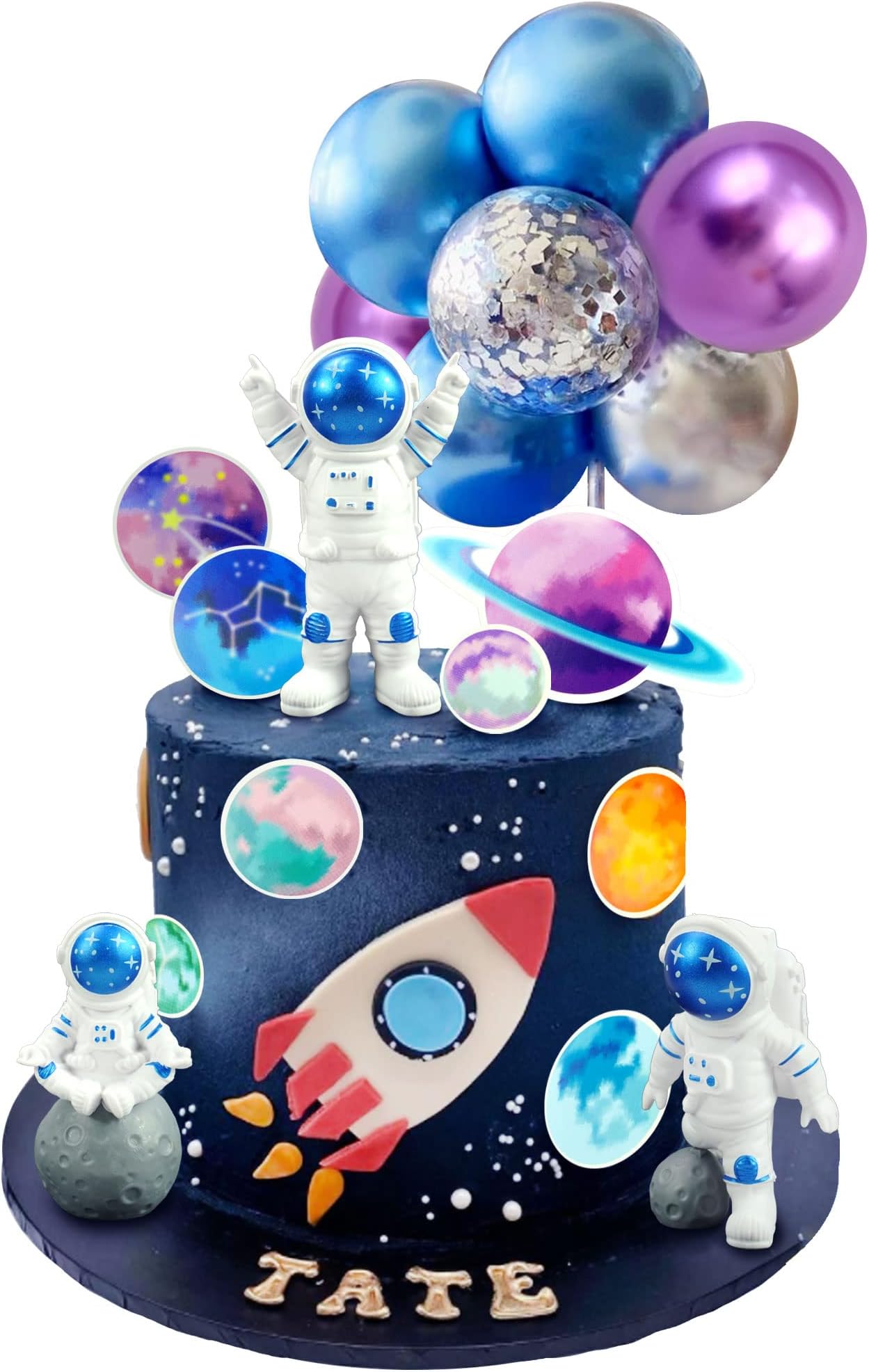 24PCS Space Cake Topper Balloon Cake Topper Planet Cake Topper with Astronauts Purple Blue Sliver Balloons for Outer Space Theme Decoration