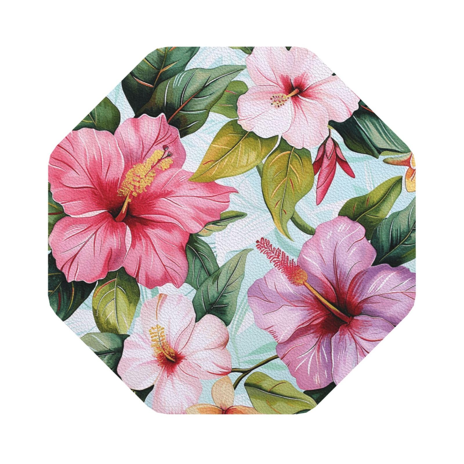 Hawaiian flowers print Print Leather Coaster Set of 6, Octagon Coasters Table Decorative Coffee Cup Beverage Coasters Wine Beer Bar Coasters for Hot Drinks Table Protection