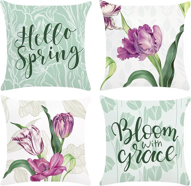 Bonhause Tulip Floral Cushion Covers 45 x 45 cm Spring Flower Decorative Throw Pillow Covers Soft Velvet Pillowcases for Sofa Couch Patio Garden Decor Set of 4