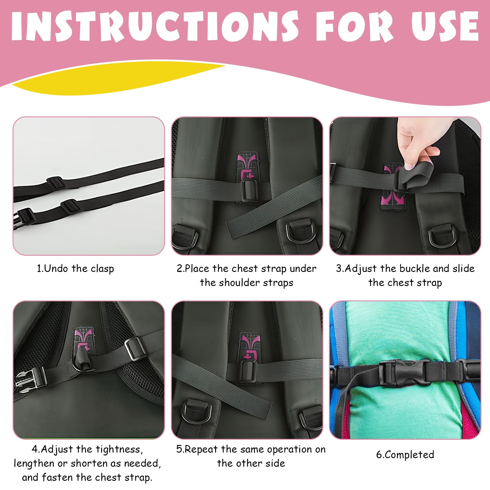 Lot de 6 sangles de poitrine réglables pour sac à dos, sangle de poitrine, pour sac à dos, avec fermeture rapide, sangle antidérapante pour sac à dos scolaire, résistant pour le jogging, la