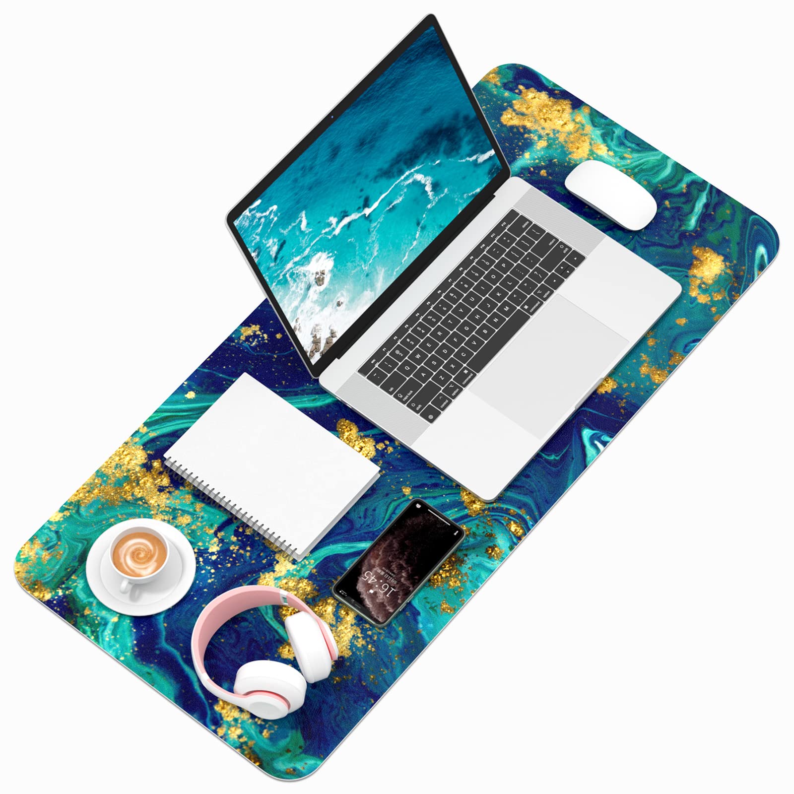 Sous-main De Bureau XL 76,2x35,6 Cm – Cuir Synthétique Imperméable, Antidérapant, Motif Marbre Bleu