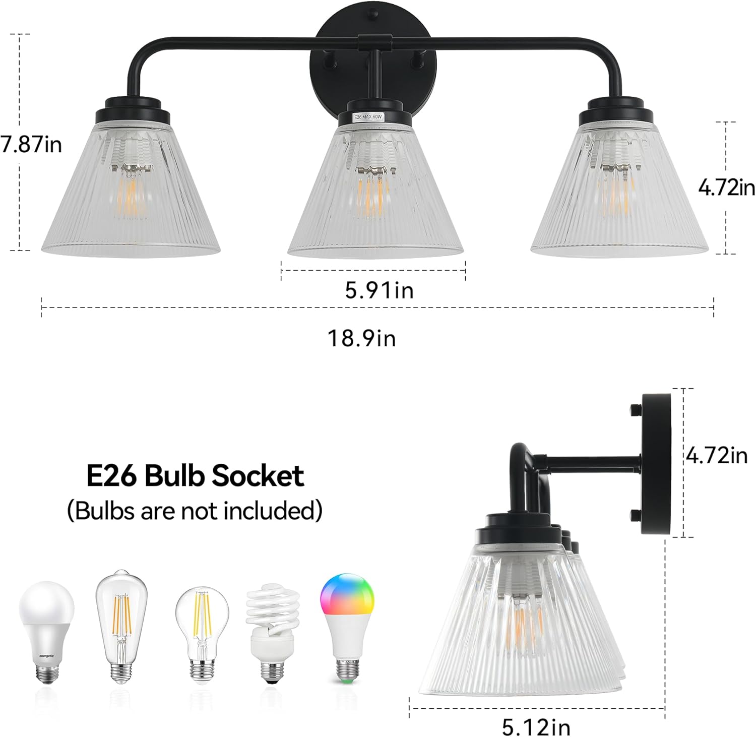 Modern Black Bathroom Vanity Light, 3-Light Wall Sconce with Clear Ribbed Glass Shades, Farmhouse Industrial Light Fixture for Bathroom, Vanity Mirror, Powder Room, Hallway (black, Powder Coated, 3)