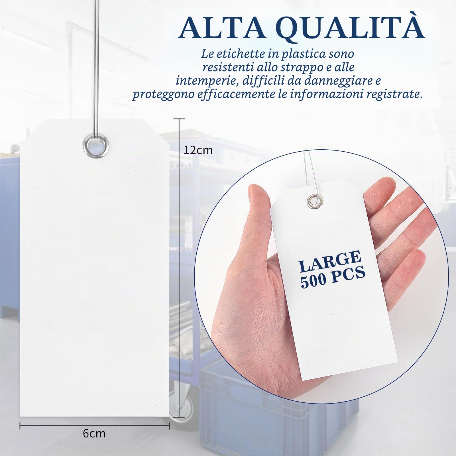 500 etichette con occhielli 120 x 60 mm, etichette con filo etichette in plastica, etichette con filo di ferro, etichette in plastica rigida forti e spesse (500)