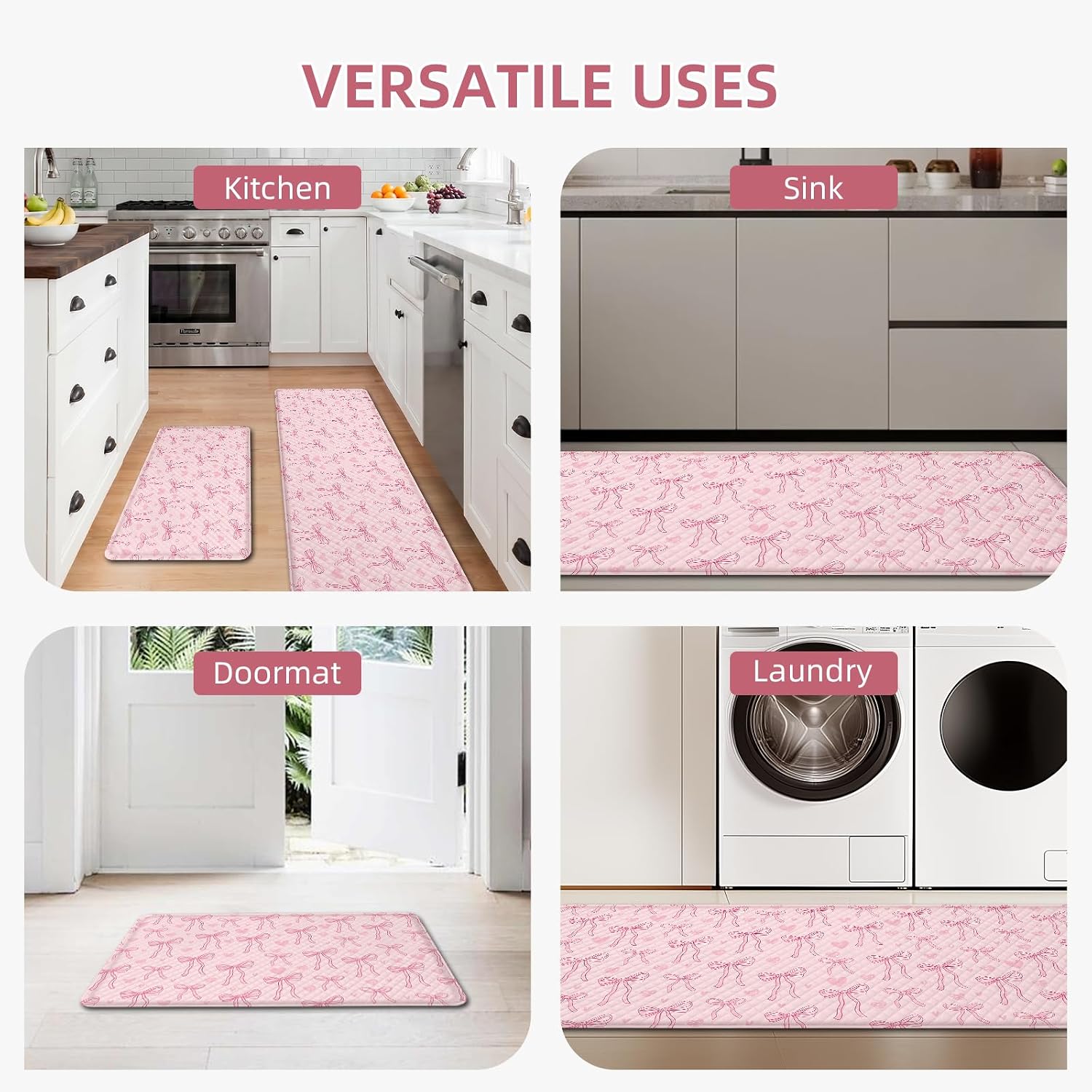 2PCS Bow Kitchen Mats for Floor Anti Fatigue, Rugs for Kitchen Floor with Non Slip, Coquette Waterproof Cushioned Comfort Standing Carpet for Sink Laundry 17.7"×29.5" +17.7"×47.2"